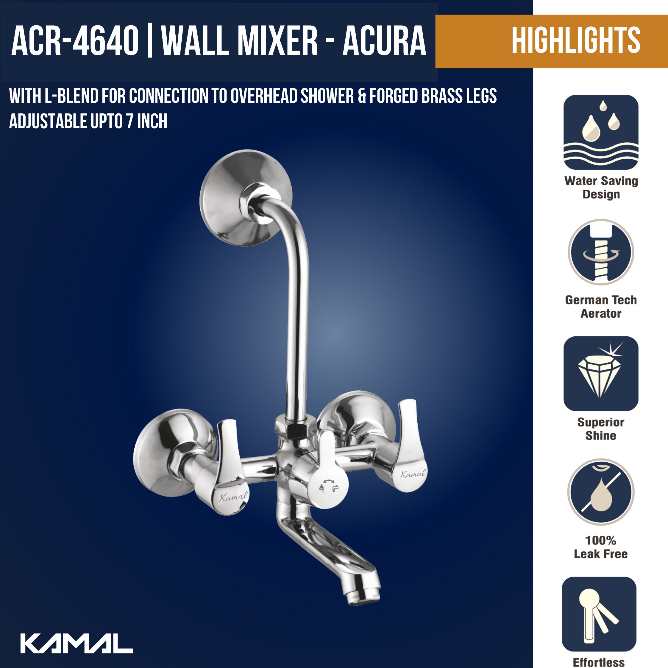 Acura Eco Wall Mixer with L Bend Pipe by Kamal, full brass bathroom faucet with modern design and sturdy construction.