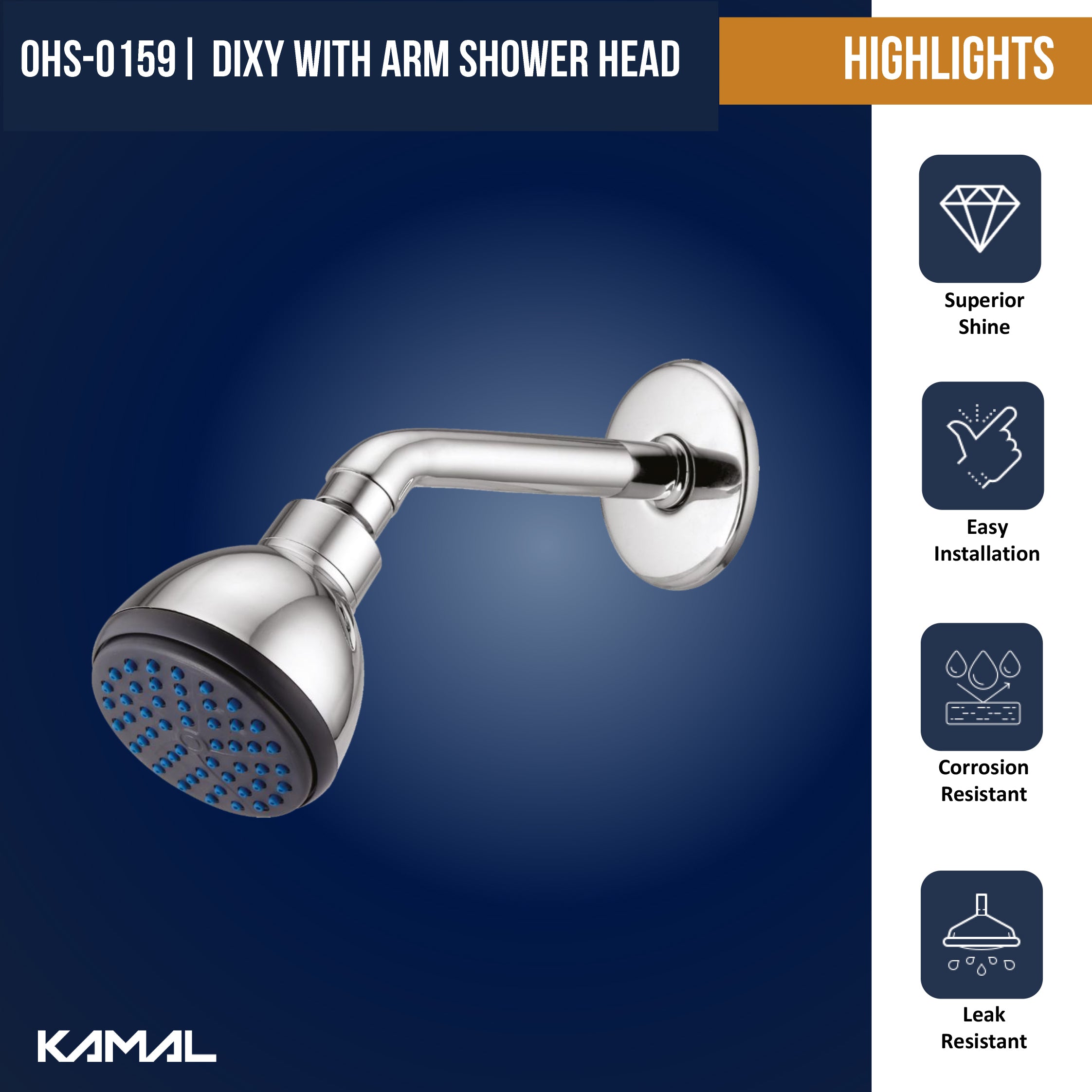 Dixy Overhead Shower with Arm - by Kamal - Kamal Bathware