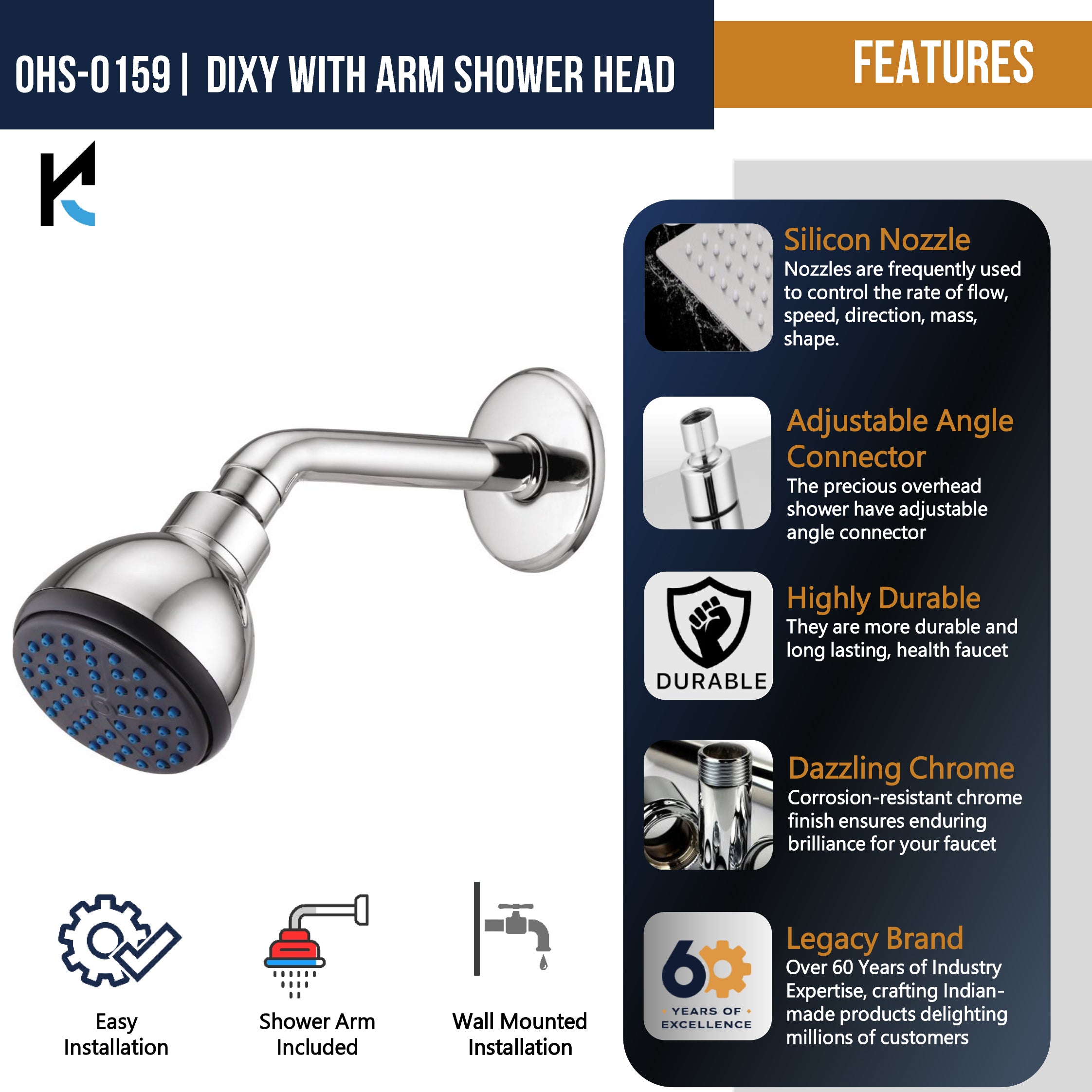 Dixy Overhead Shower with Arm - by Kamal - Kamal Bathware