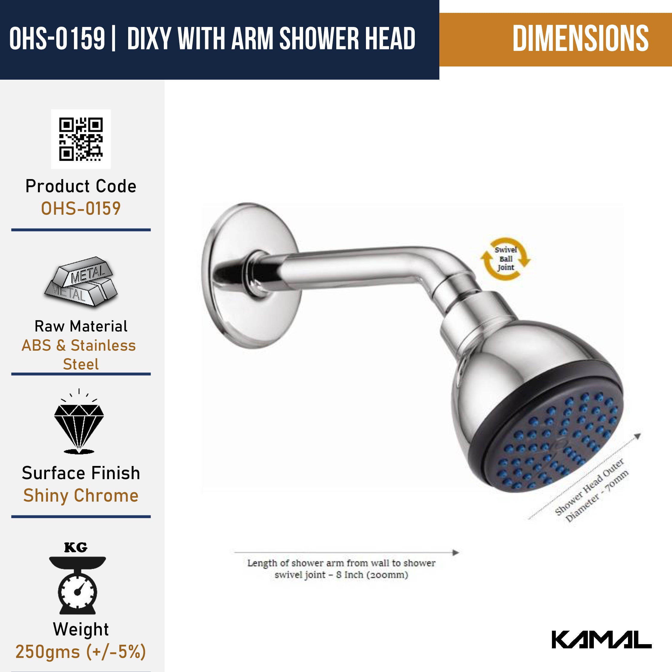 Dixy Overhead Shower with Arm - by Kamal - Kamal Bathware