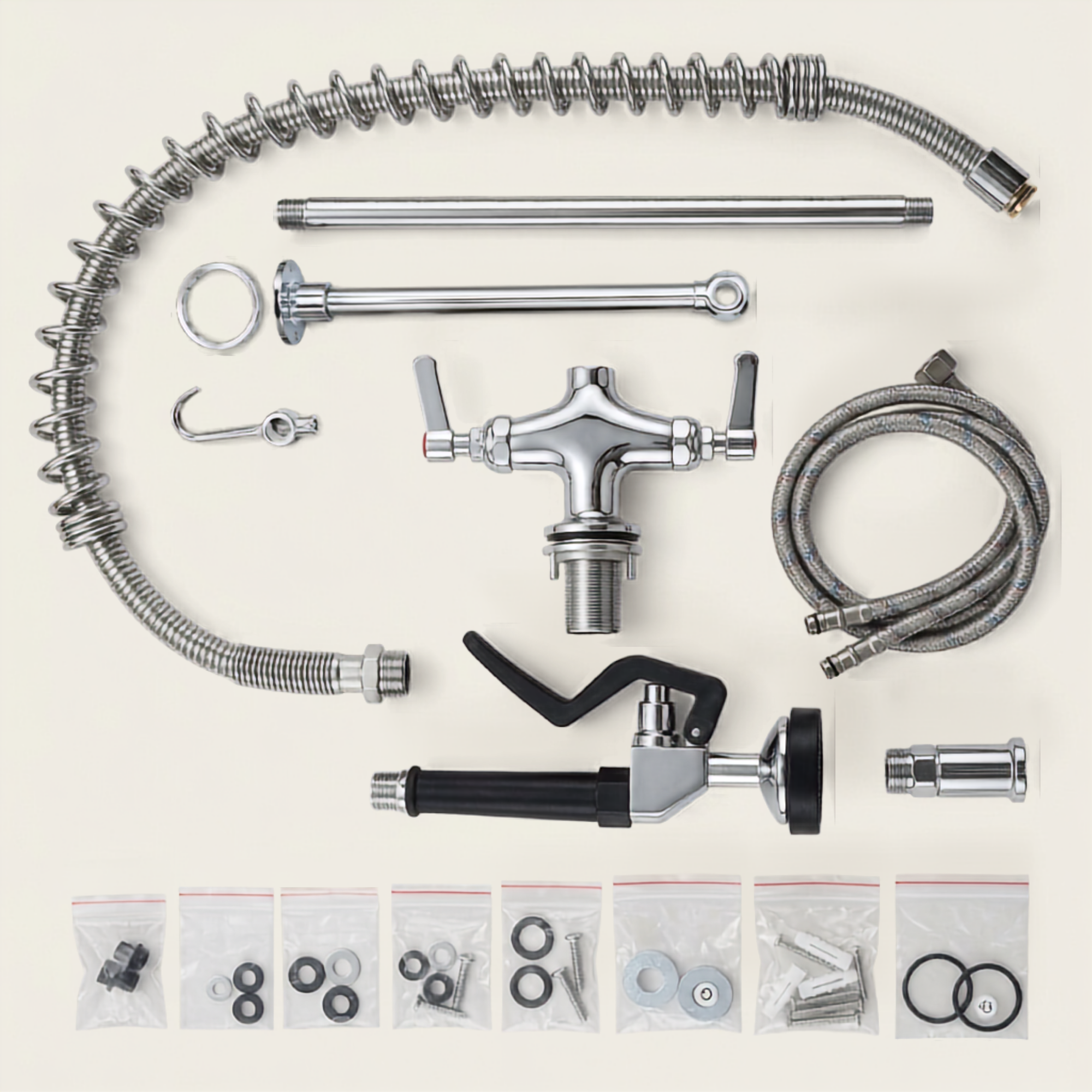 KAMAL Commercial Pre-Rinse Faucet | Heavy-Duty Spring Support | Flexible Spray Hose & Handheld Spray | Hot & Cold Water | Single Center Hole Deck Mount