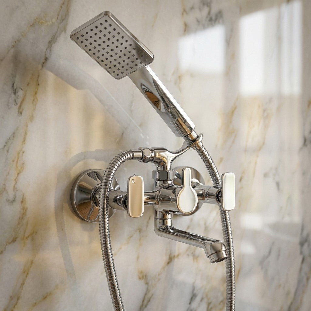 Galaxy Wall Mixer with Crutch & Hand Shower (Full Brass) - by Kamal