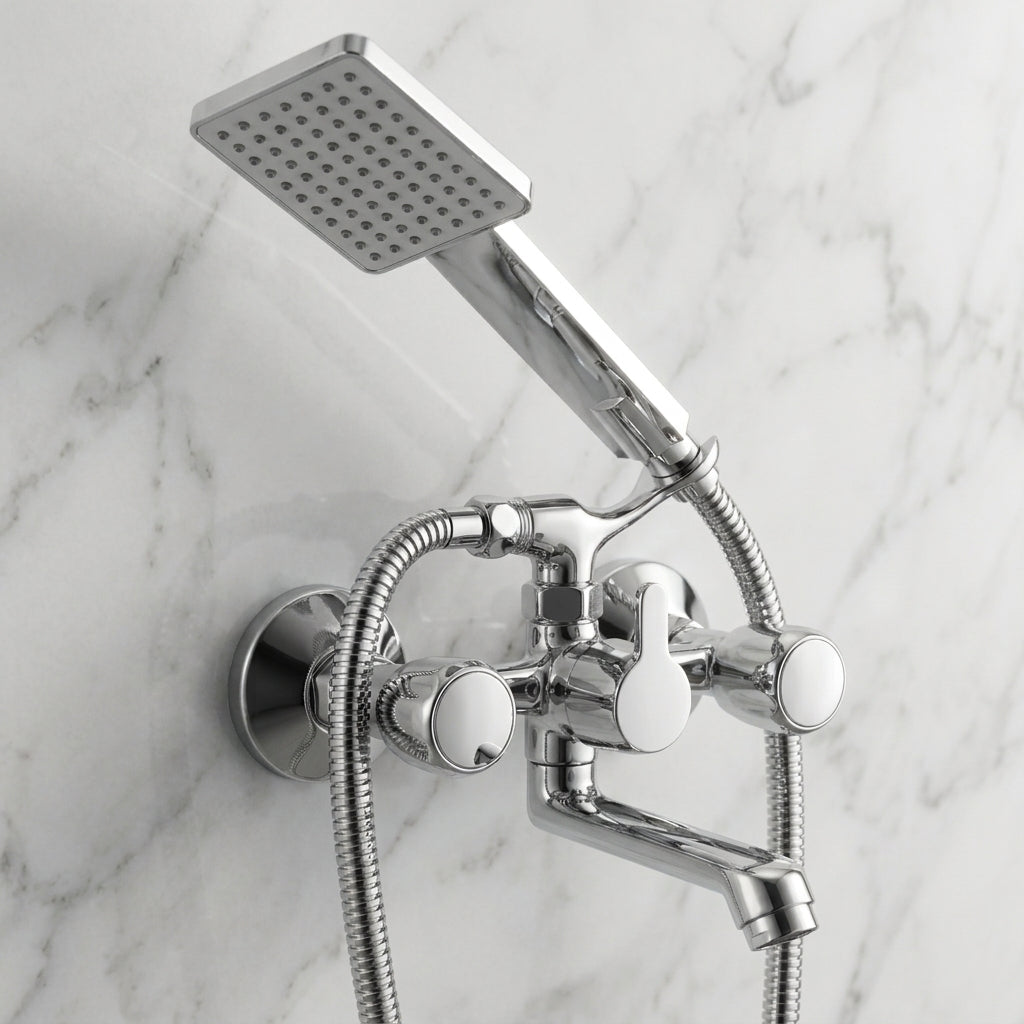 Crystal telephonic wall mixer with crutch and hand shower in full brass by Kamal, featuring elegant crystal design and durable construction.