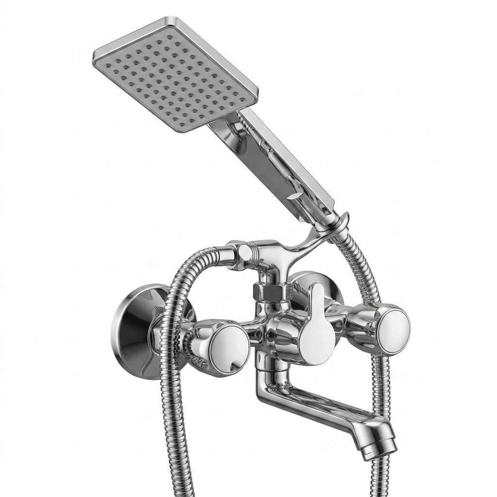 Crystal Telephonic Wall Mixer by Kamal with brass finish, featuring crutch and hand shower for modern bathroom plumbing.