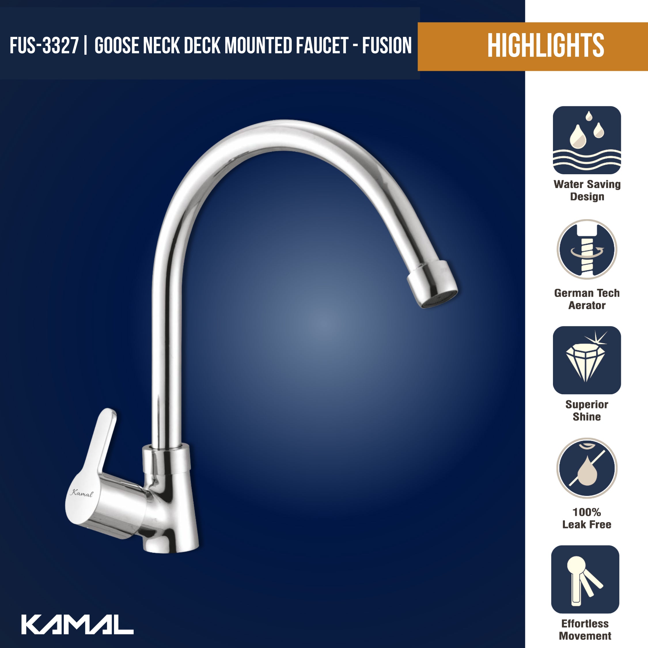 Fusion C-Bend Spout Gosseneck Sink Faucet (Full Brass) - by Kamal