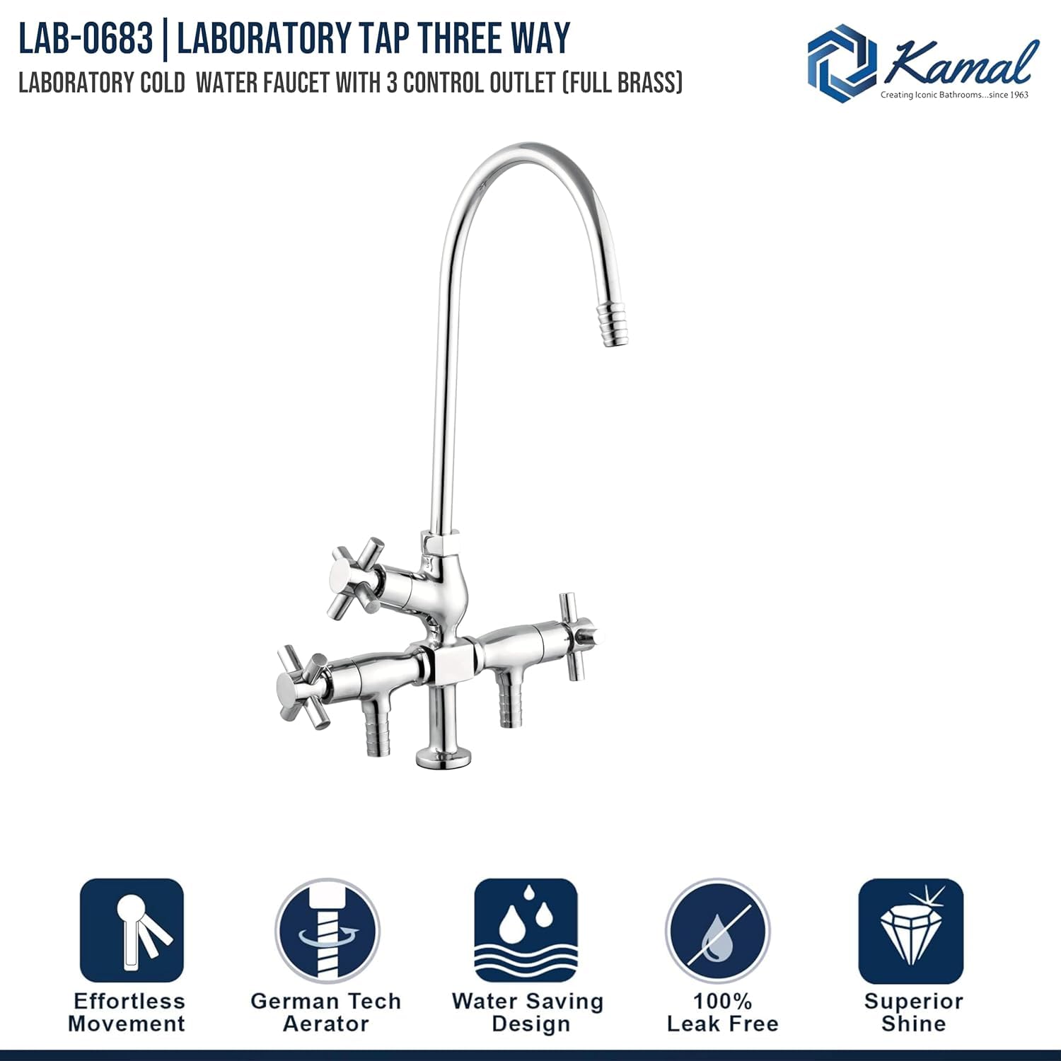 Three Way Laboratory Tap (Full Brass) - by Kamal