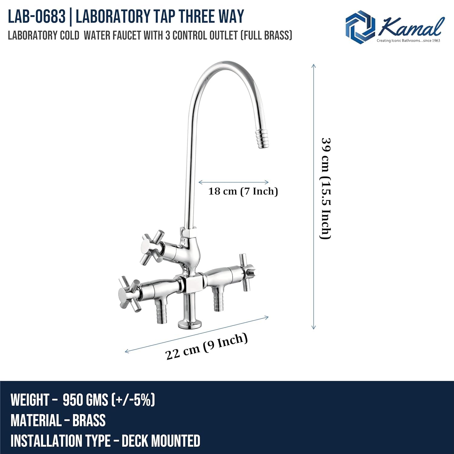 Three Way Laboratory Tap (Full Brass) - by Kamal