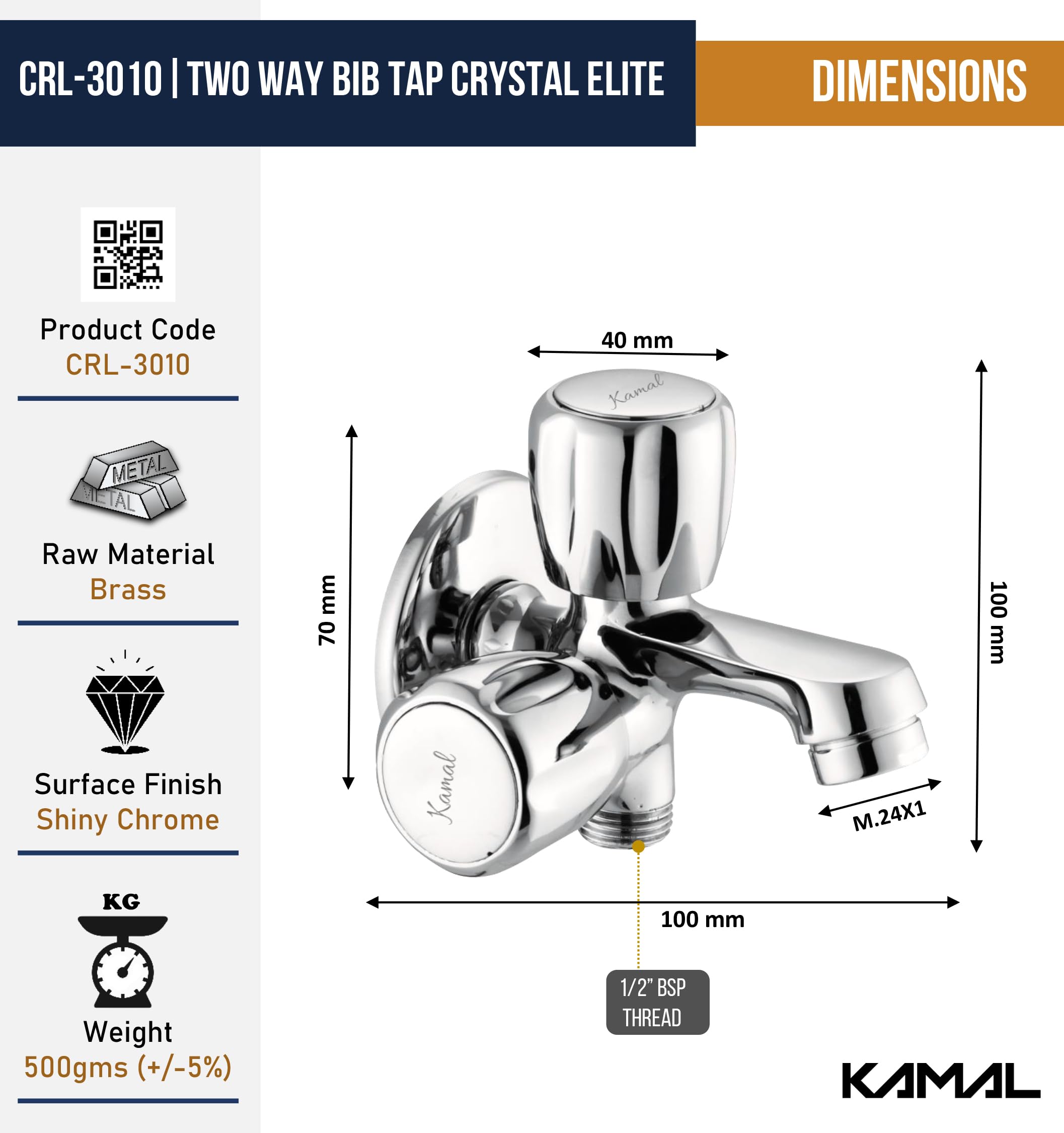 Crystal Elite Two Way Bib Tap (Full Brass) - by Kamal