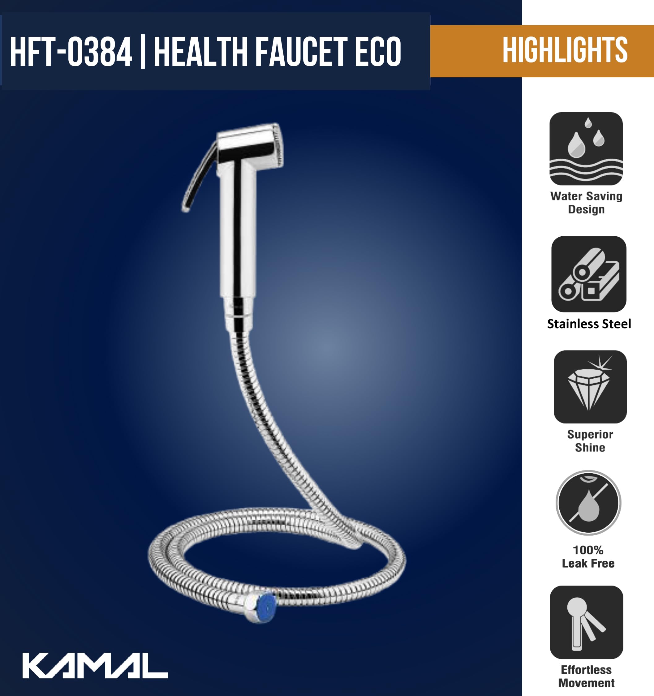 Eco ABS Health Faucet with SS 304 Grade, 1.25 Meter Flexible Hose Pipe - by Kamal