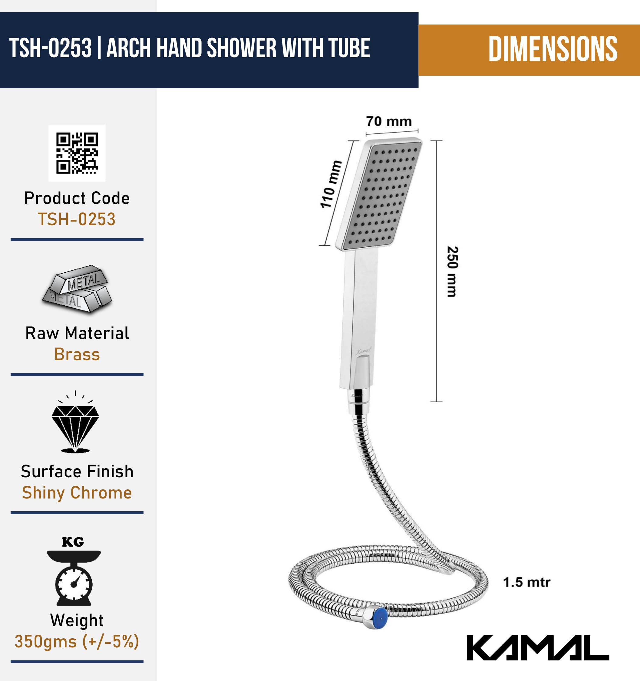 Arch Hand Rain Shower with ABS Shower Tube & Wall Hook (Silver, Chrome Finish) - by Kamal
