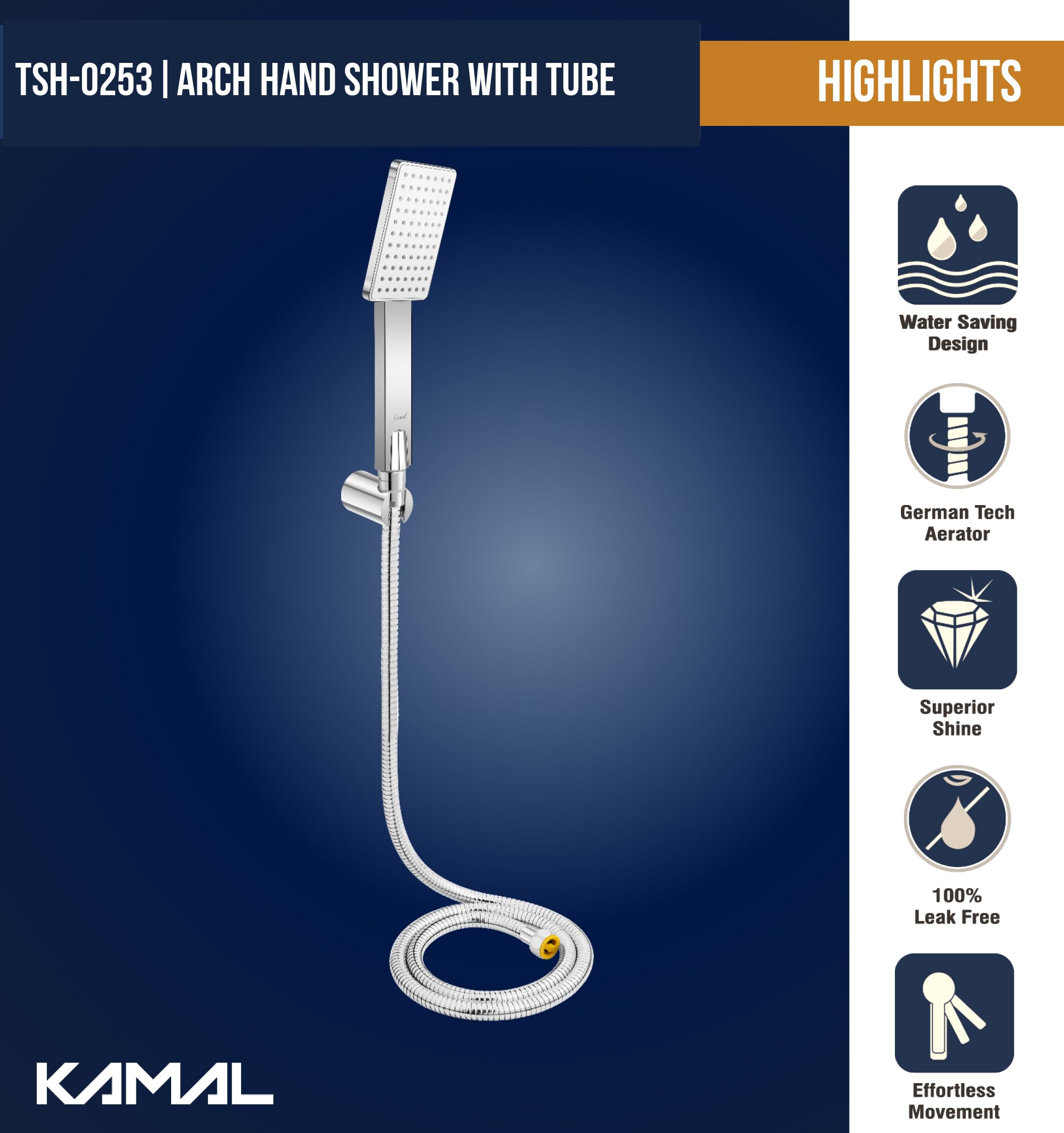 Arch Hand Rain Shower with ABS Shower Tube & Wall Hook (Silver, Chrome Finish) - by Kamal