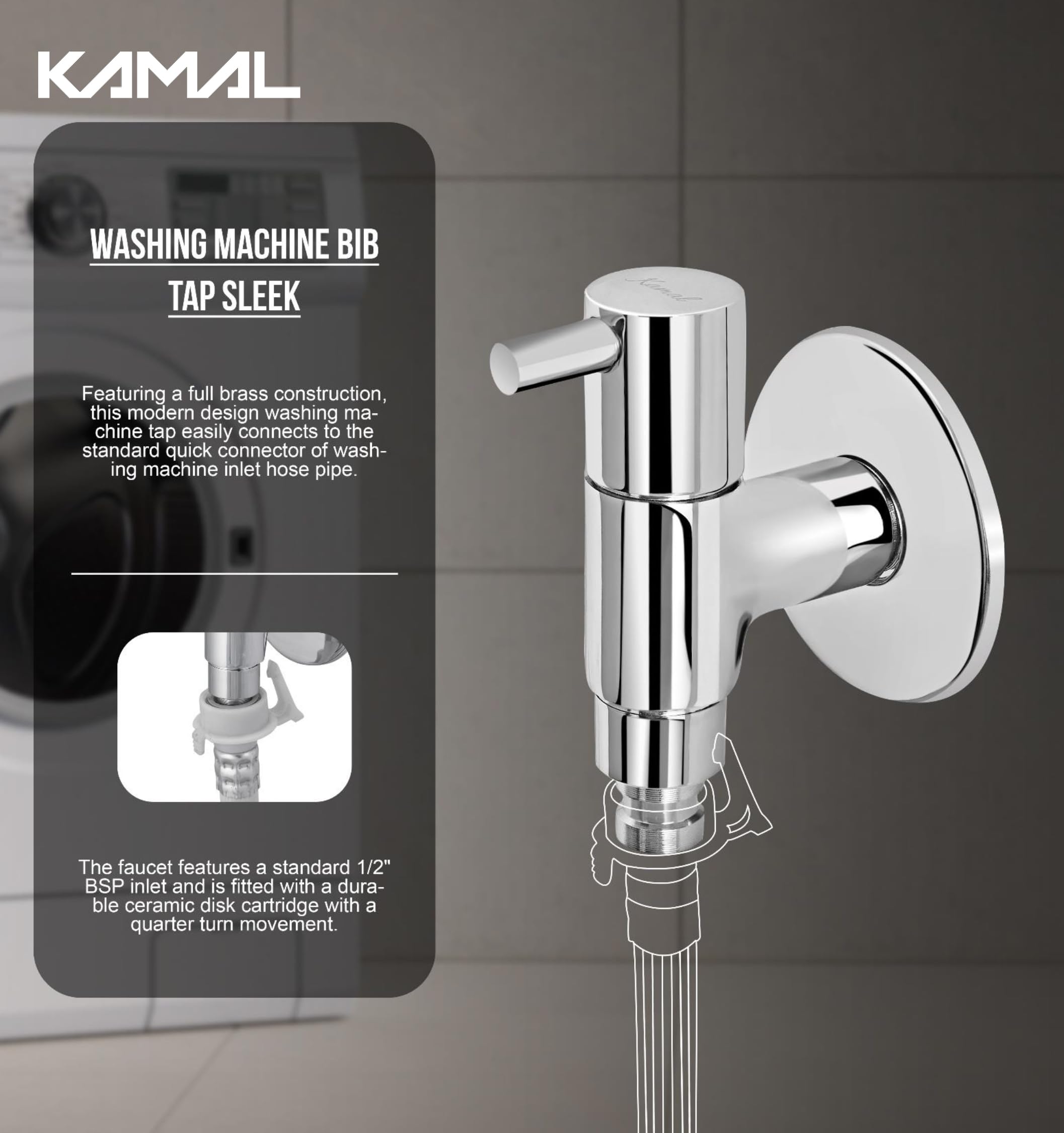 Washing Machine Bib Tap Sleek (Full Brass) - by Kamal