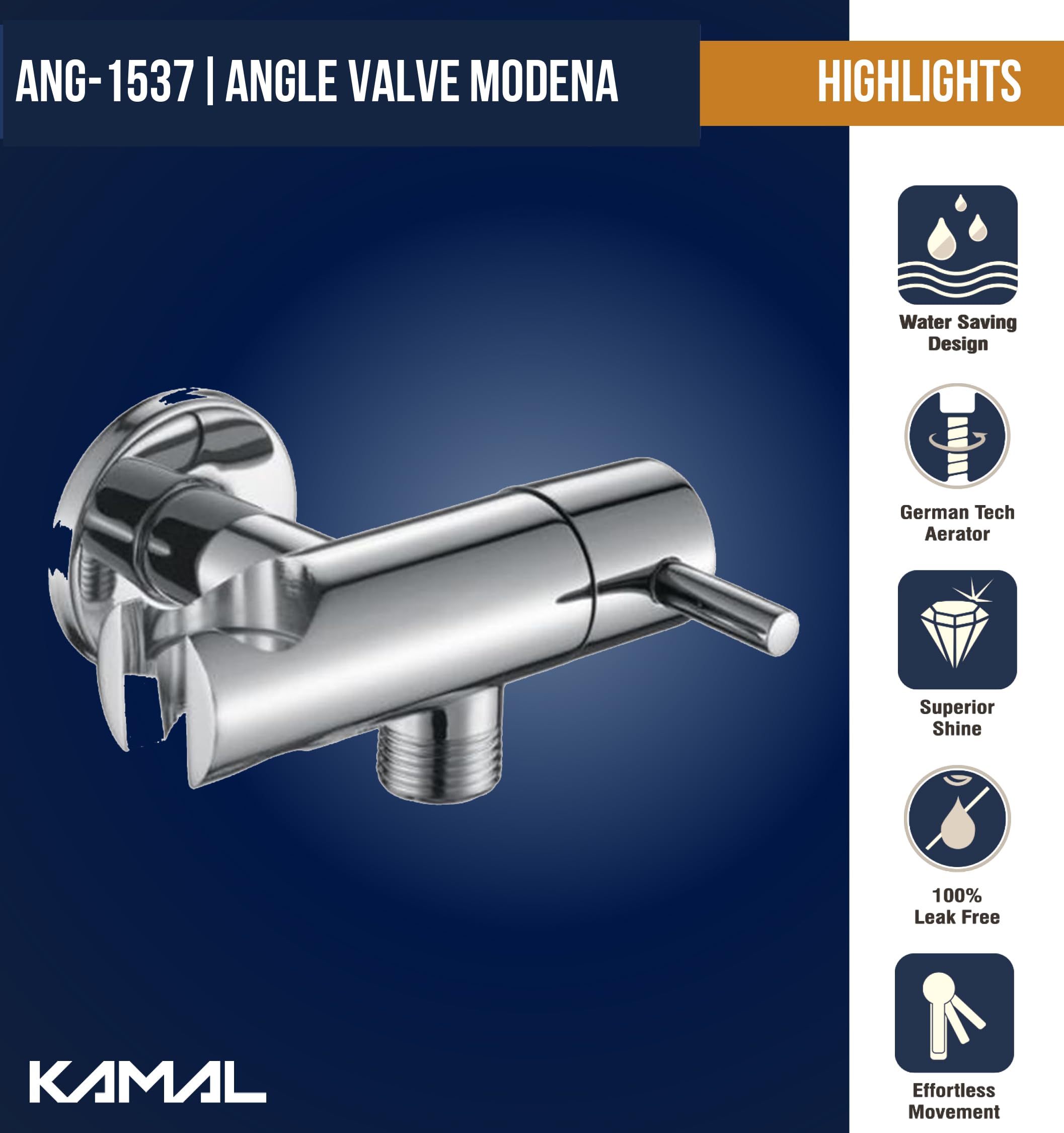Modena Premium Angle Valve with Holder (Full Brass) - by Kamal