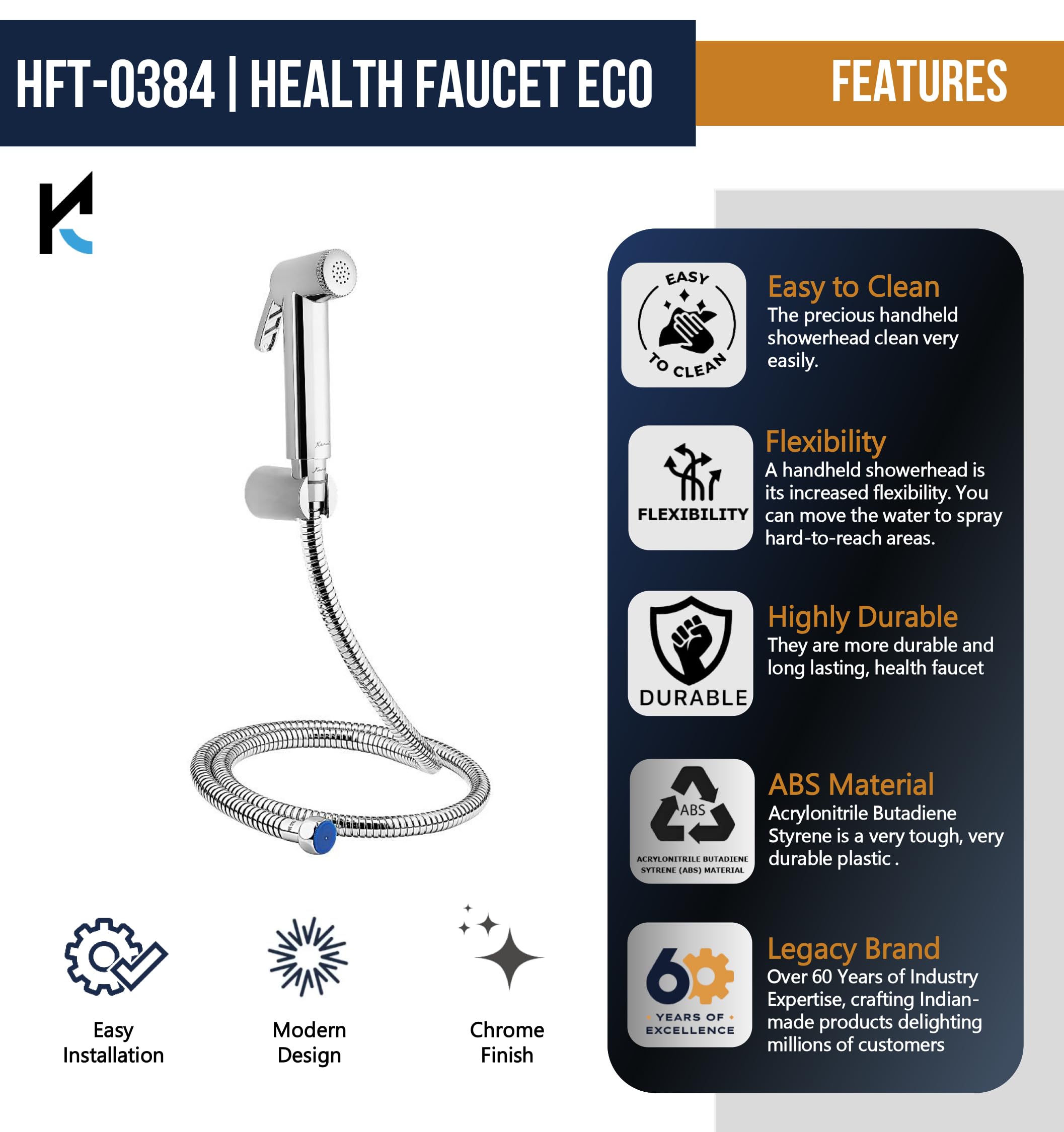 Eco ABS Health Faucet with SS 304 Grade, 1.25 Meter Flexible Hose Pipe - by Kamal