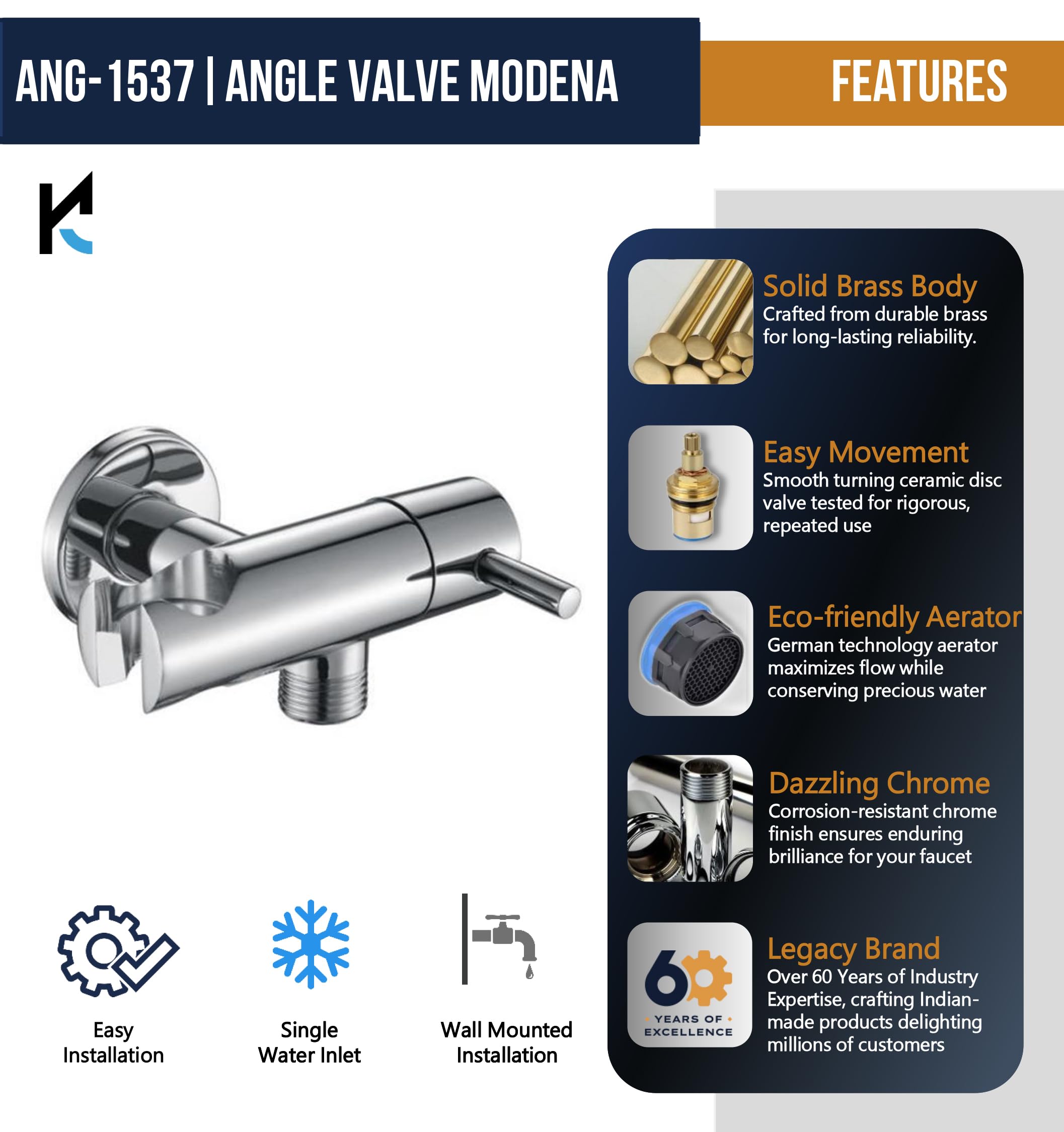 Modena Premium Angle Valve with Holder (Full Brass) - by Kamal
