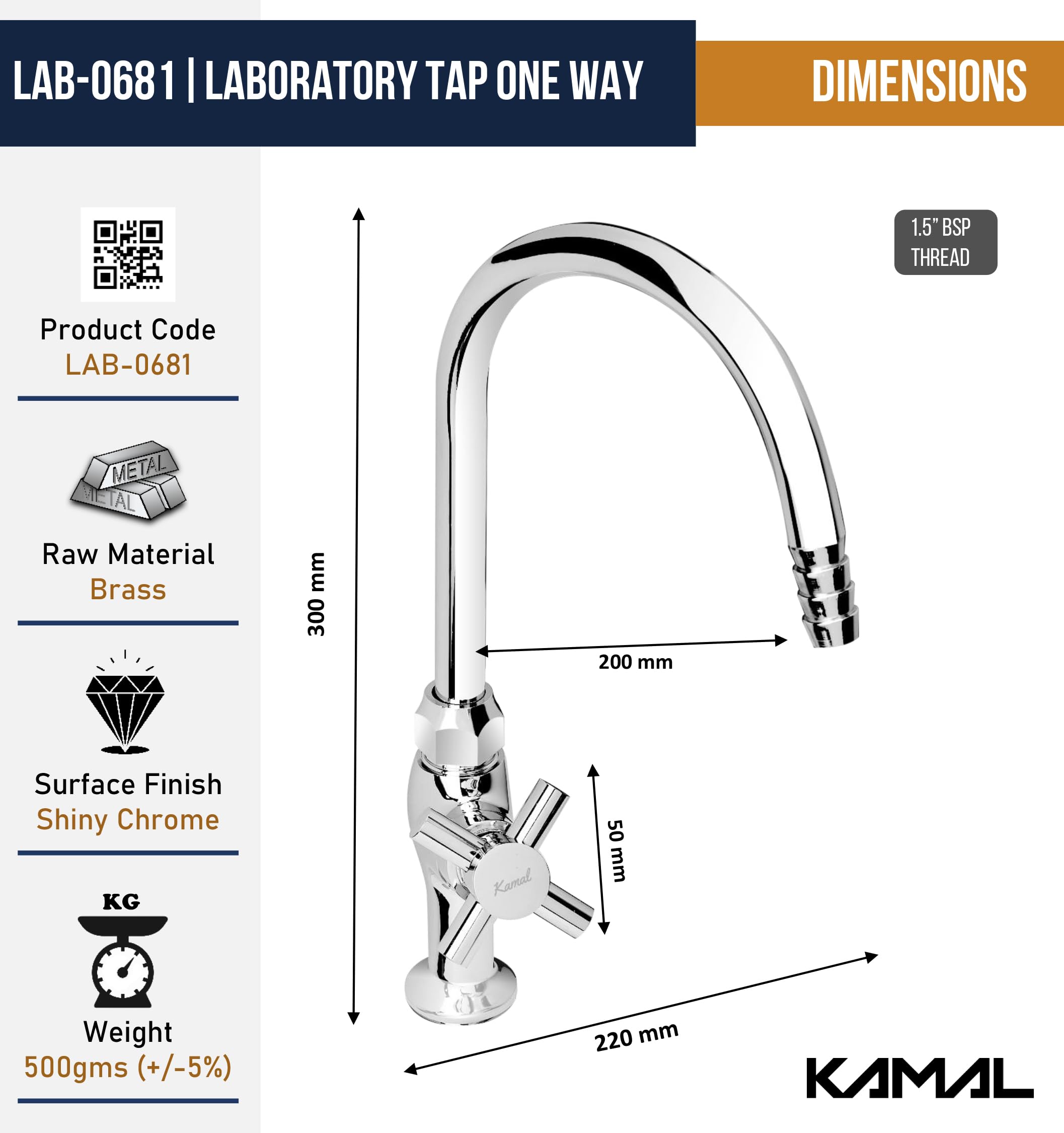 Eco Laboratory Tap One Way (Full Brass) - by Kamal