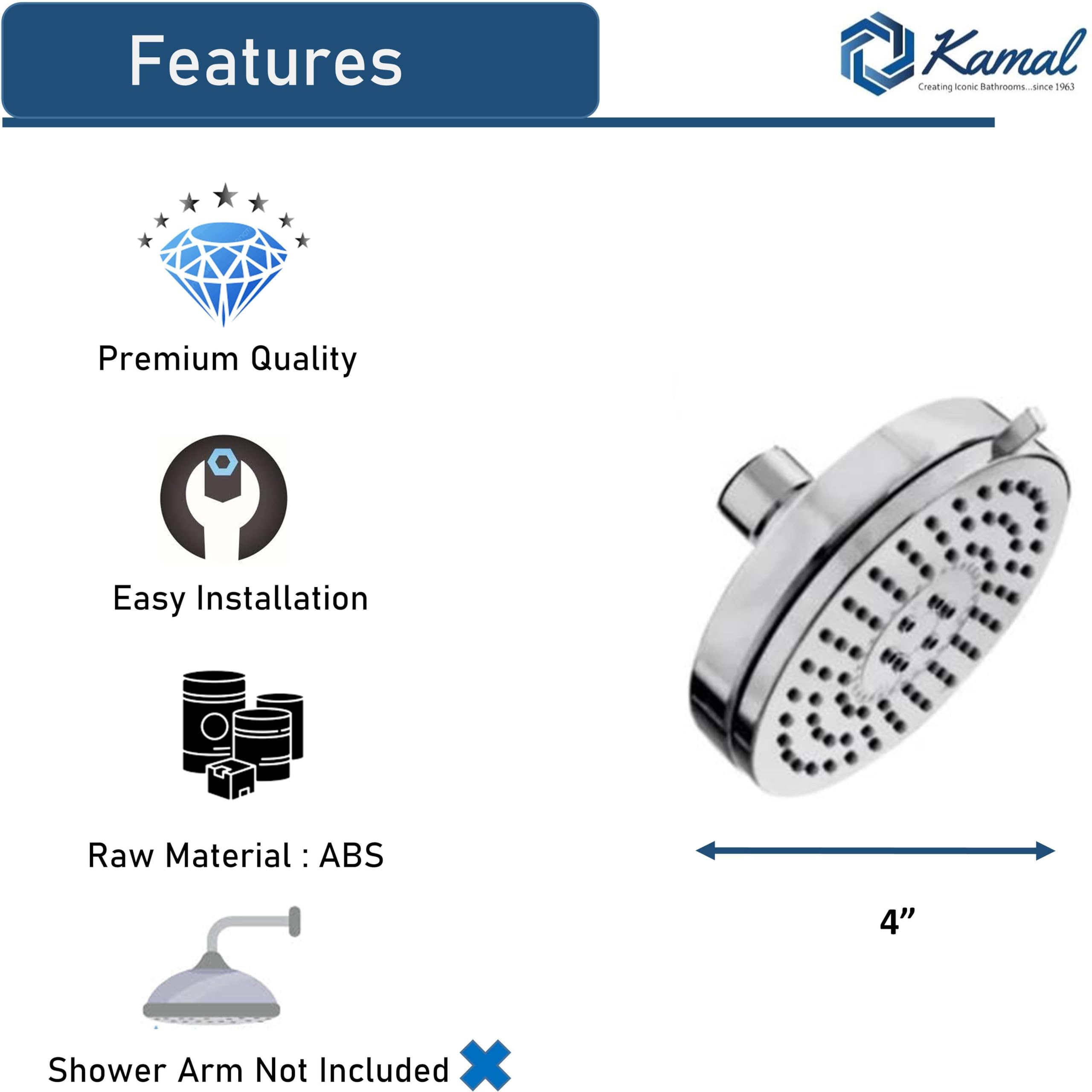 Uno Adjustable Shower Without Arm (Multiflow) - by Kamal