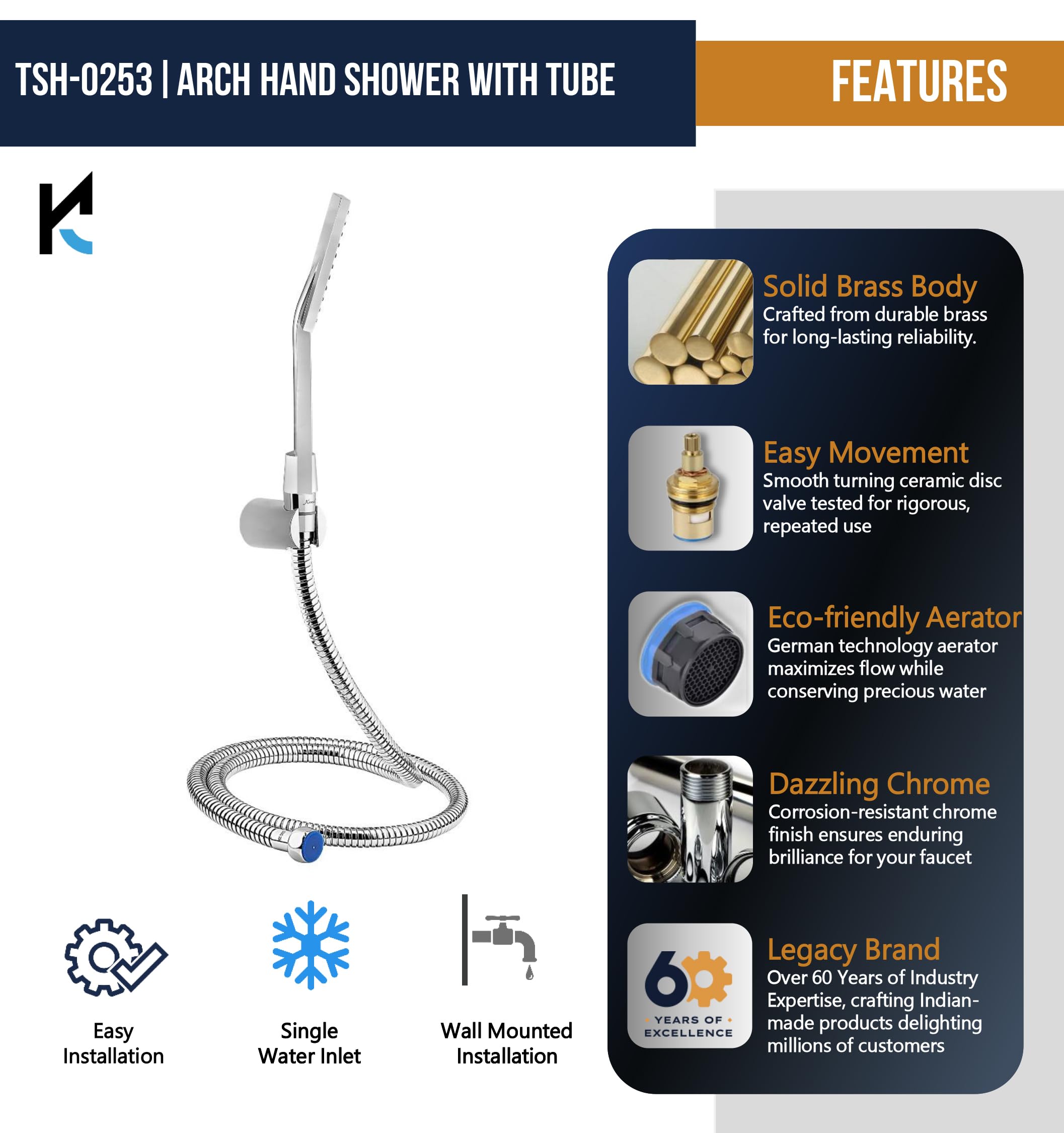 Arch Hand Rain Shower with ABS Shower Tube & Wall Hook (Silver, Chrome Finish) - by Kamal