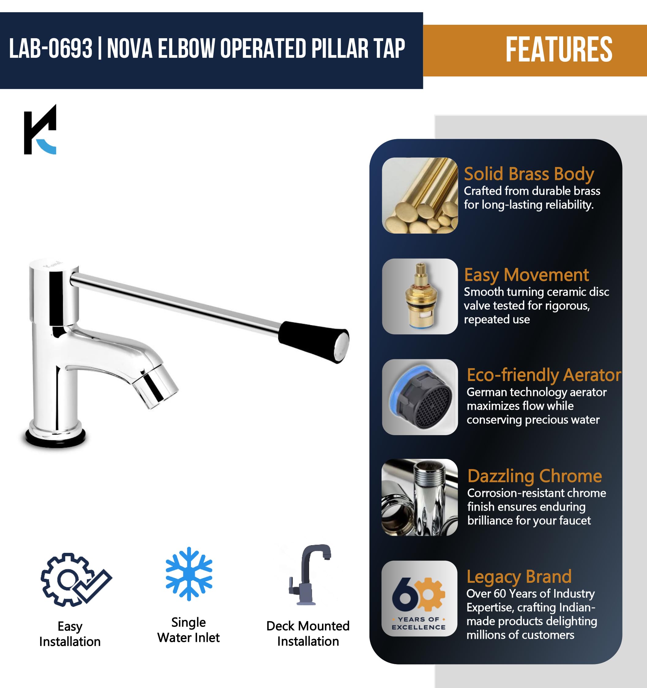 Elbow Action Surgical Mixer Faucet (Full Brass) - by Kamal