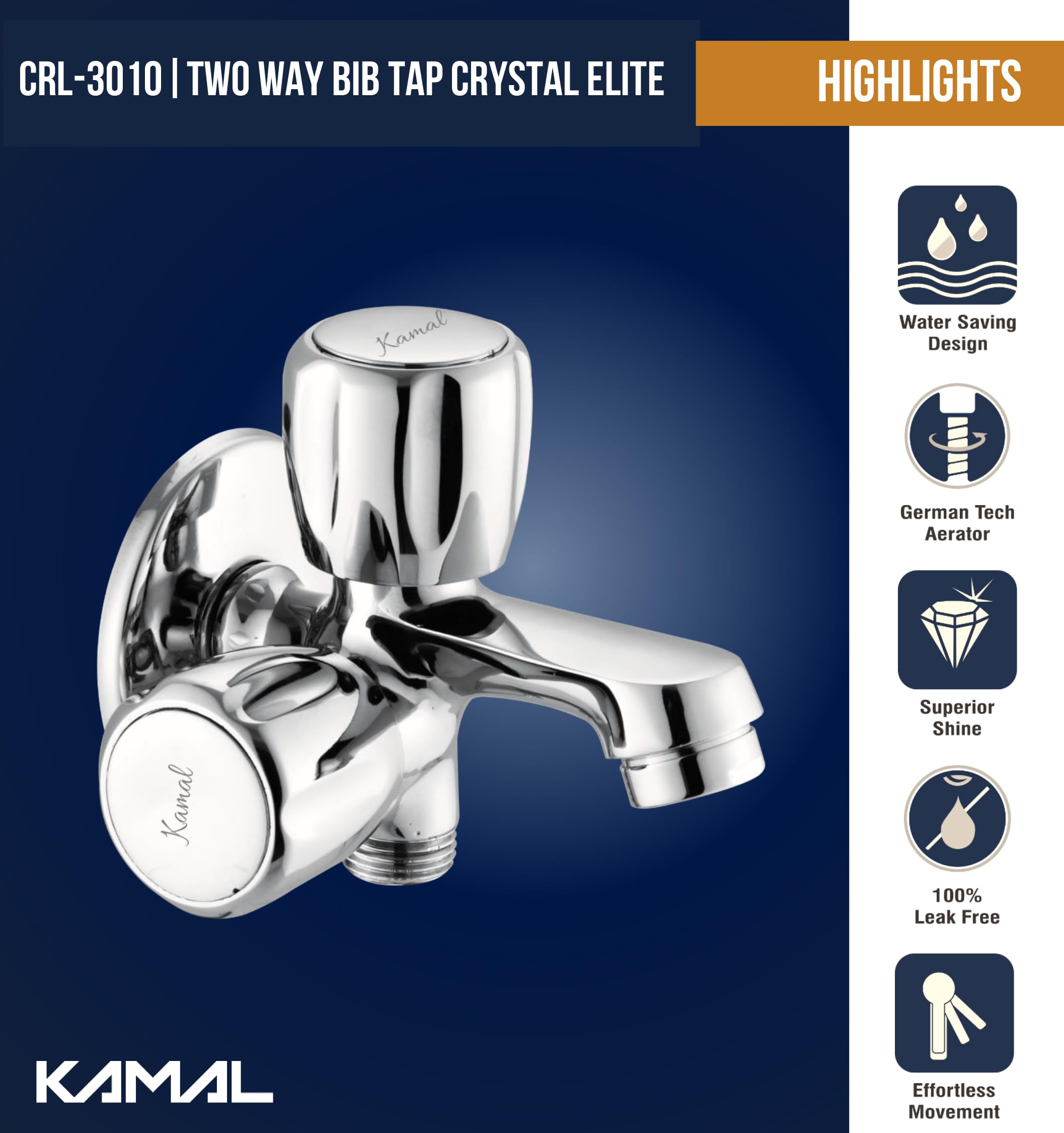 Crystal Elite Two Way Bib Tap (Full Brass) - by Kamal