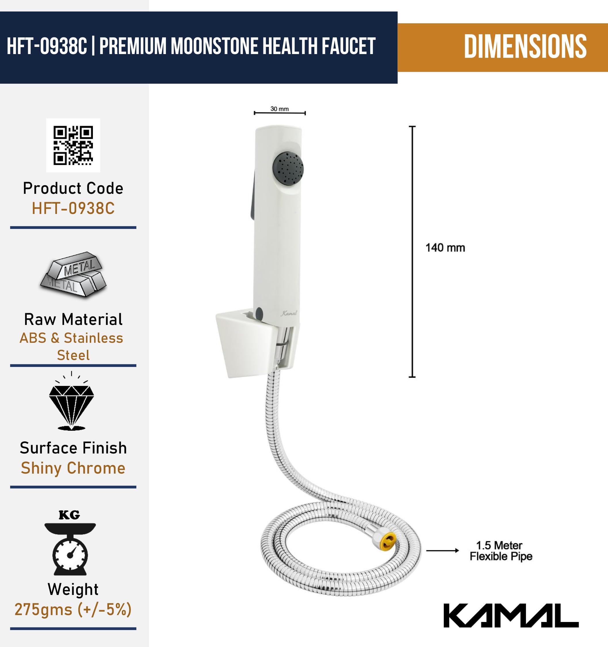 Moonstone Premium Health Faucet with 1 Mtr Stainless Steel Flexible Shower Hose & Wall Hook - by Kamal