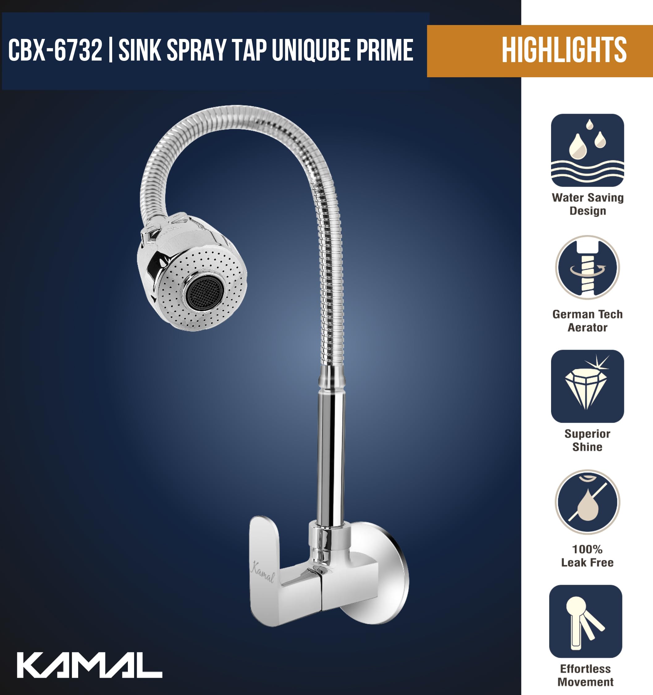 Cubix Prime Sink Spray Tap (Brass & SS Steel) - by Kamal