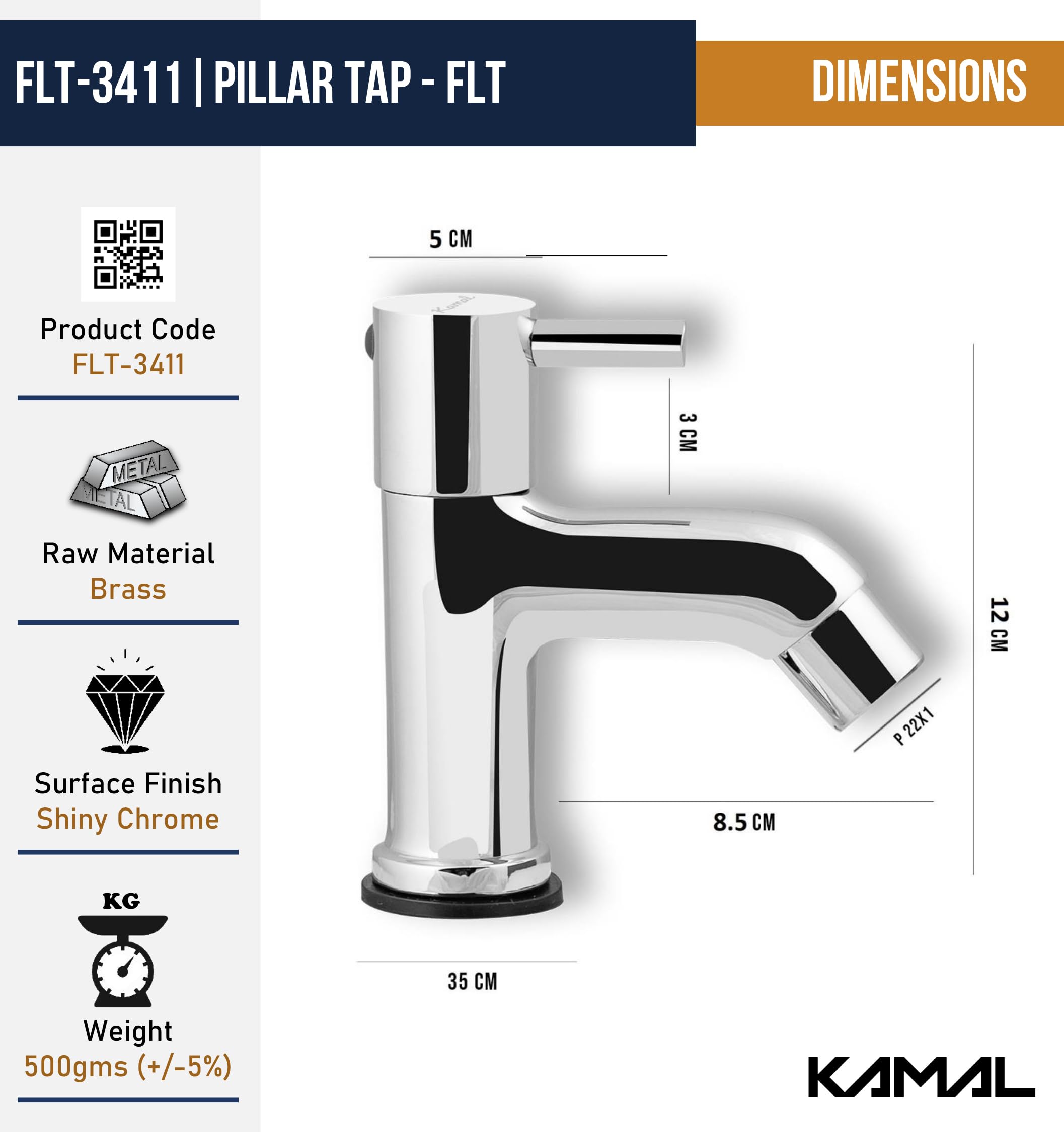 FLT Full Brass Basin Pillar Tap (Full Brass) - by Kamal