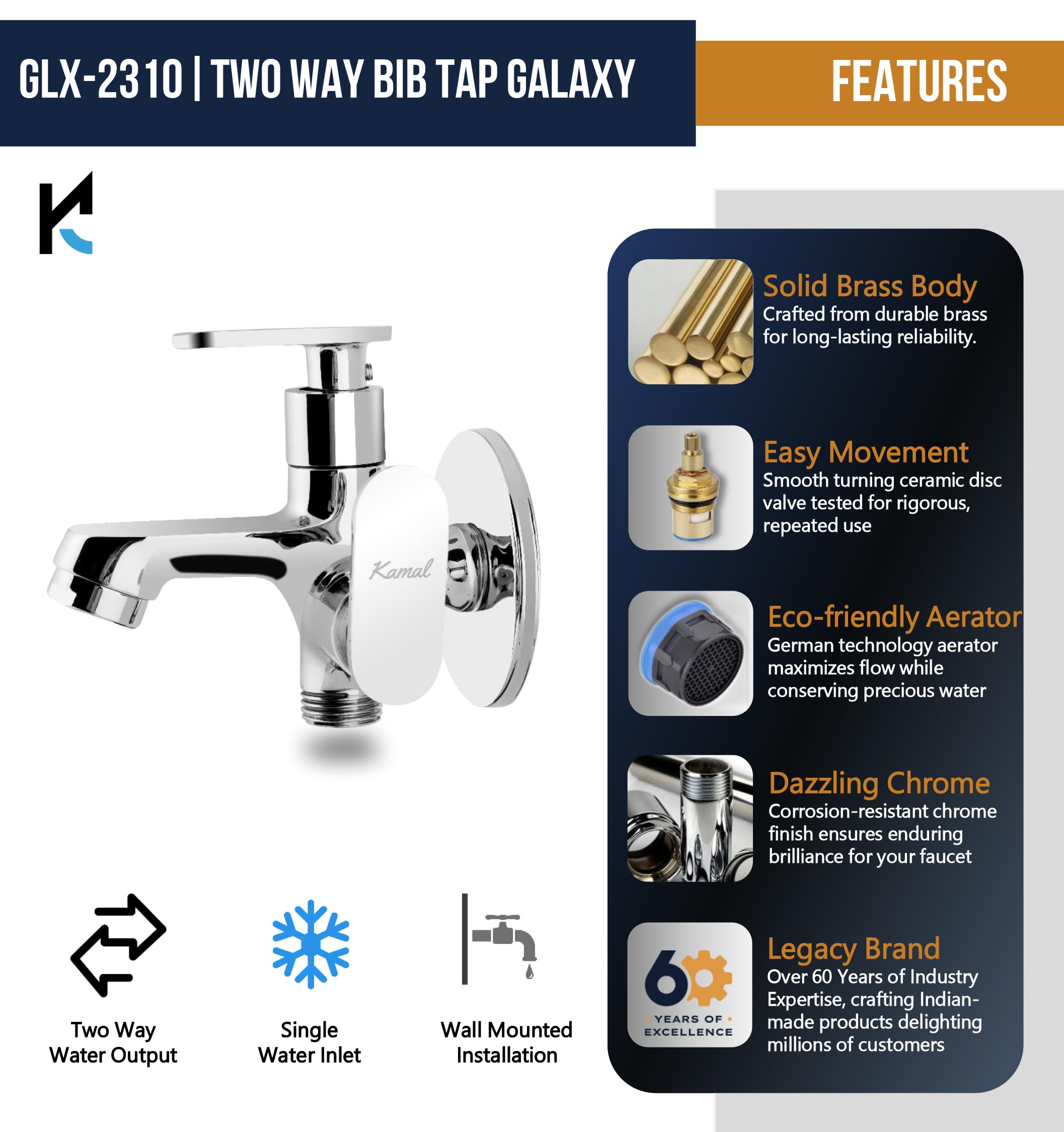 Galaxy Two-Way Bib Tap (Full Brass) - by Kamal