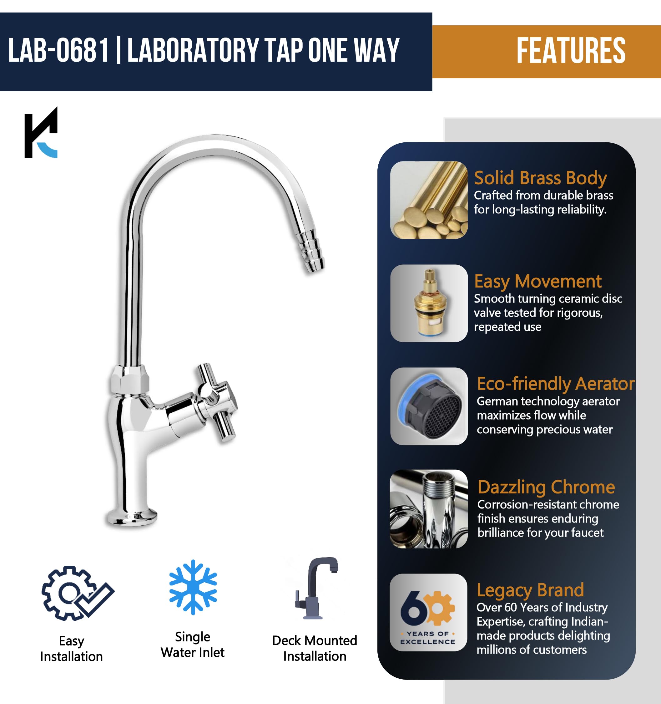 Eco Laboratory Tap One Way (Full Brass) - by Kamal