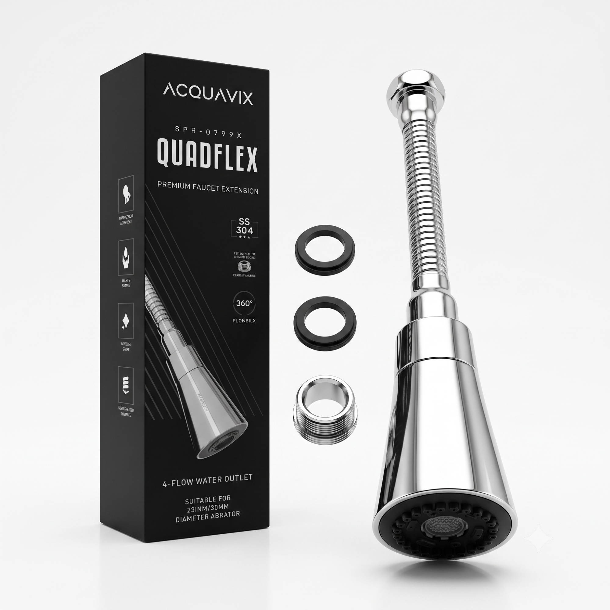 360° Flexible Faucet Extension SS 304 Four Flow Shower & Aerator Mode (ABS & SS Steel) - by Kamal