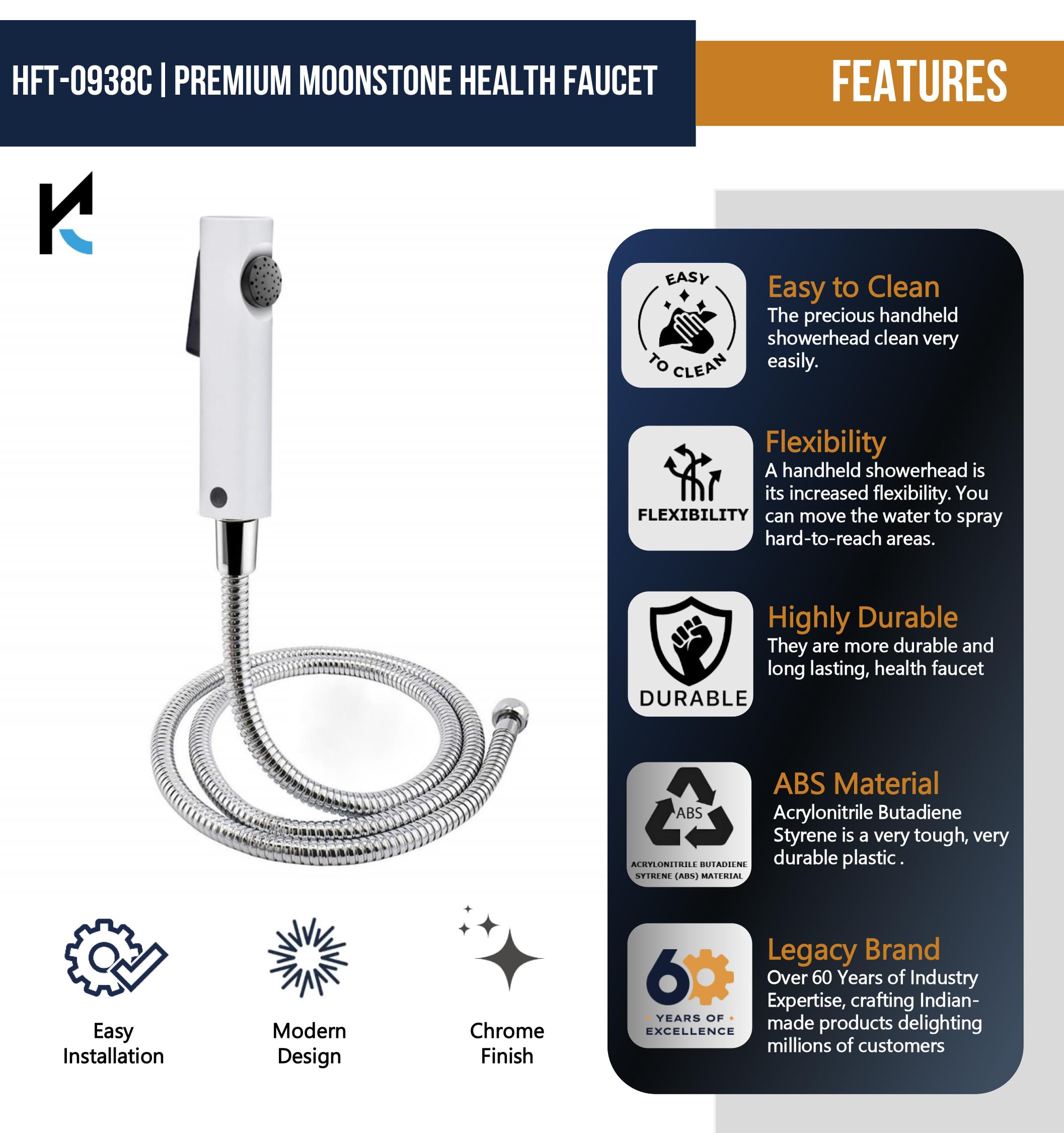 Moonstone Premium Health Faucet with 1 Mtr Stainless Steel Flexible Shower Hose & Wall Hook - by Kamal