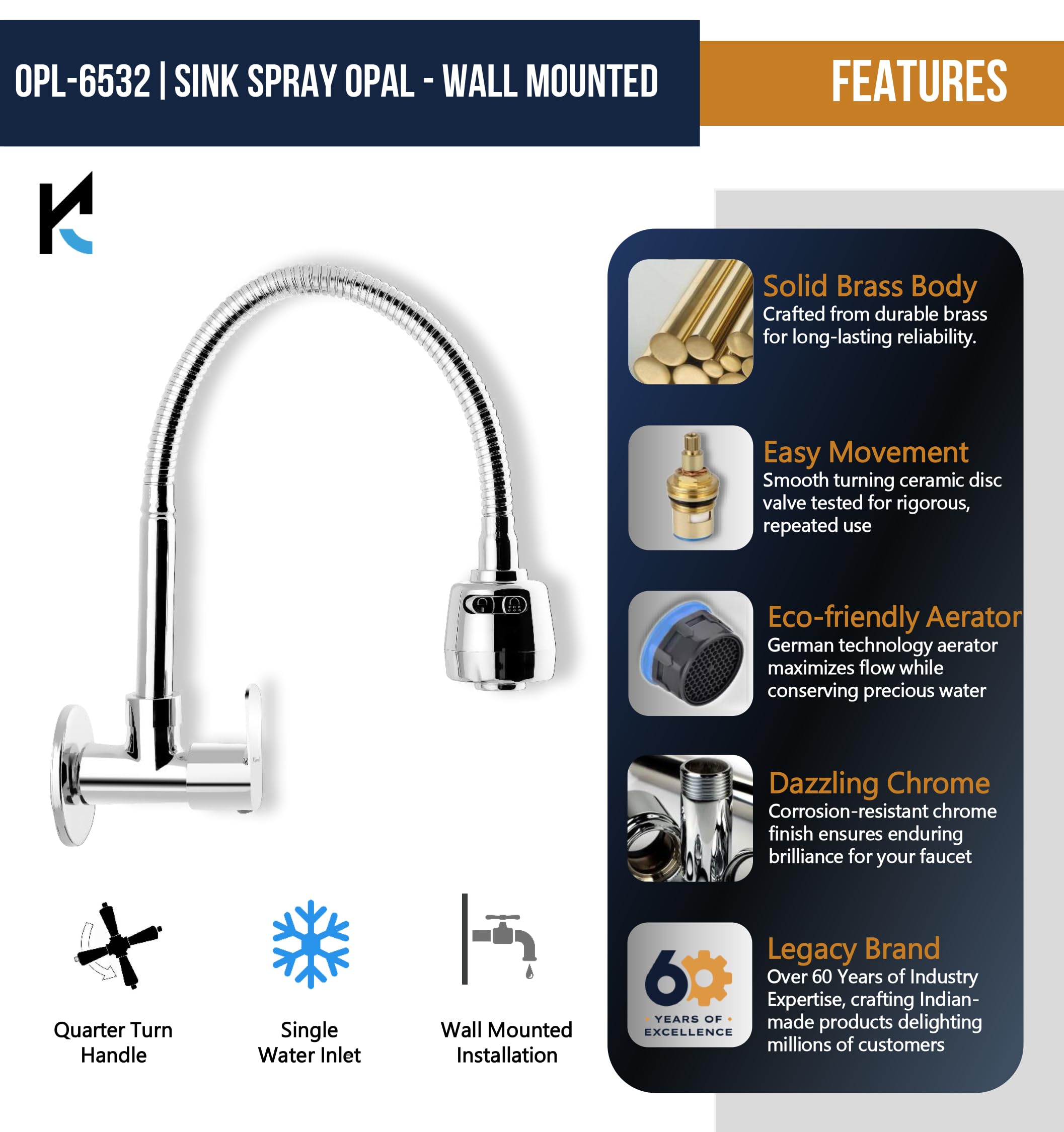 Opal Sink Spray Tap (Brass & SS Steel) - by Kamal