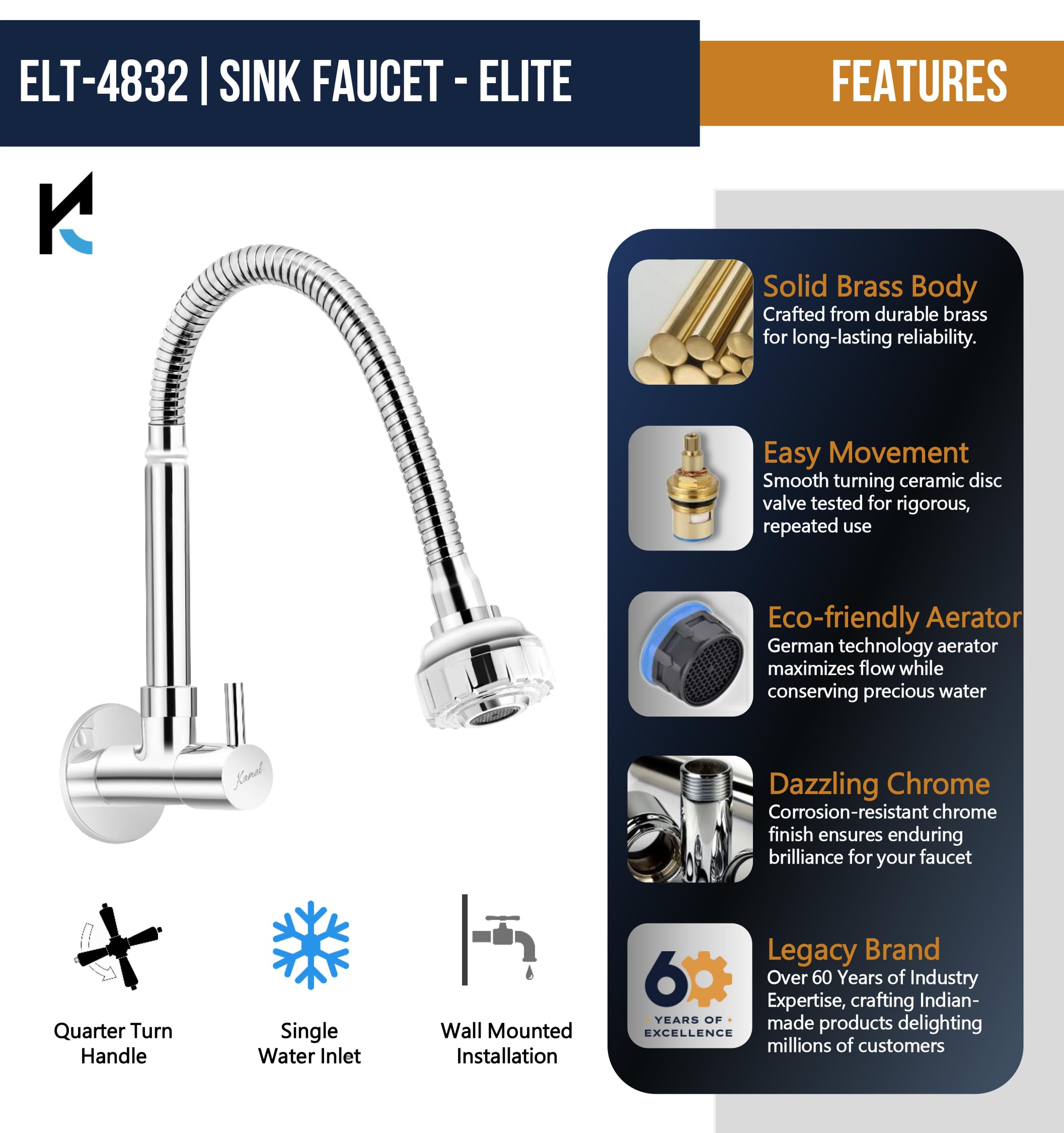 Elite Sink Spray Tab (Brass & SS Steel) - by Kamal