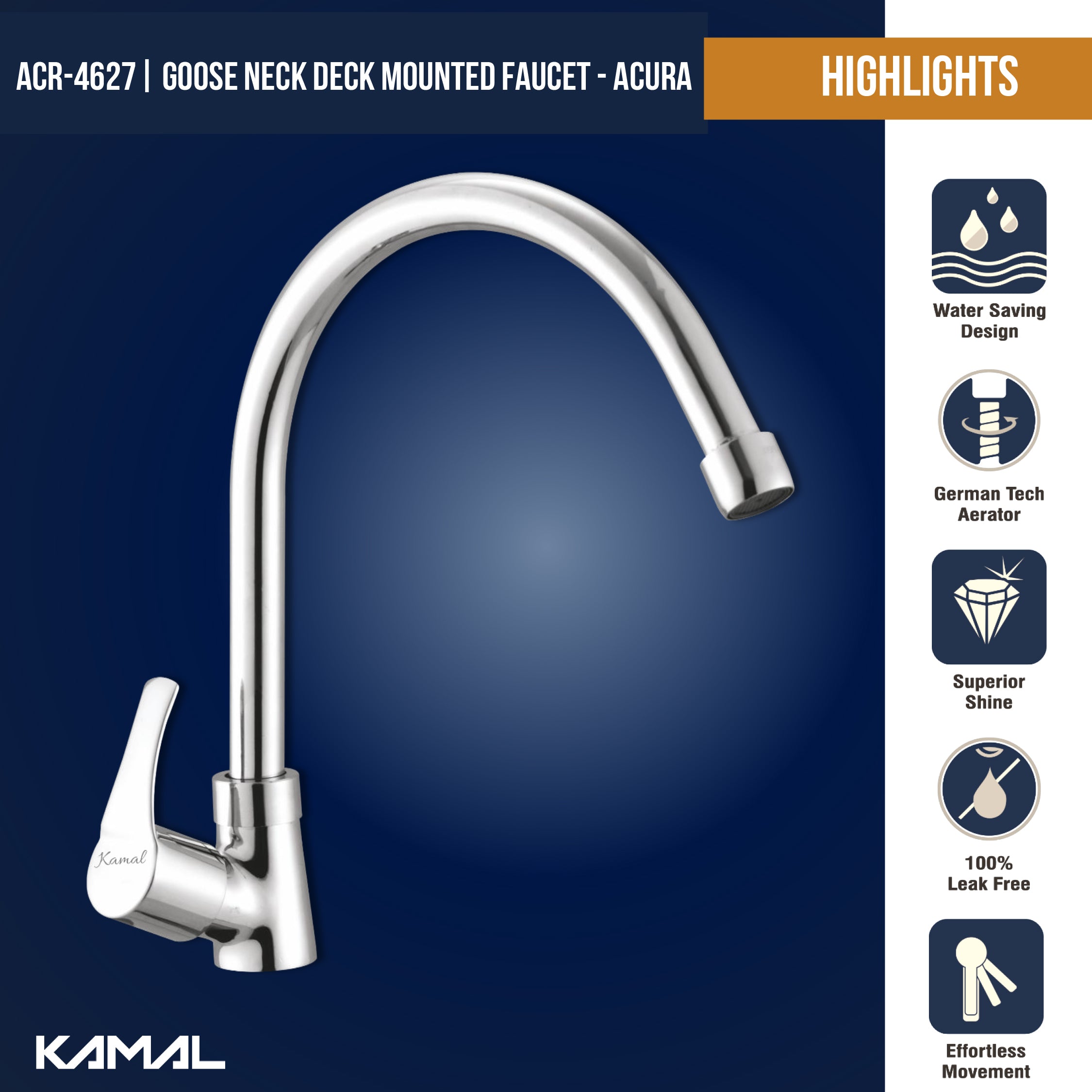 Acura C-Bend Spout Gosseneck Sink Faucet (full brass) - by kamal - Kamal Bathware