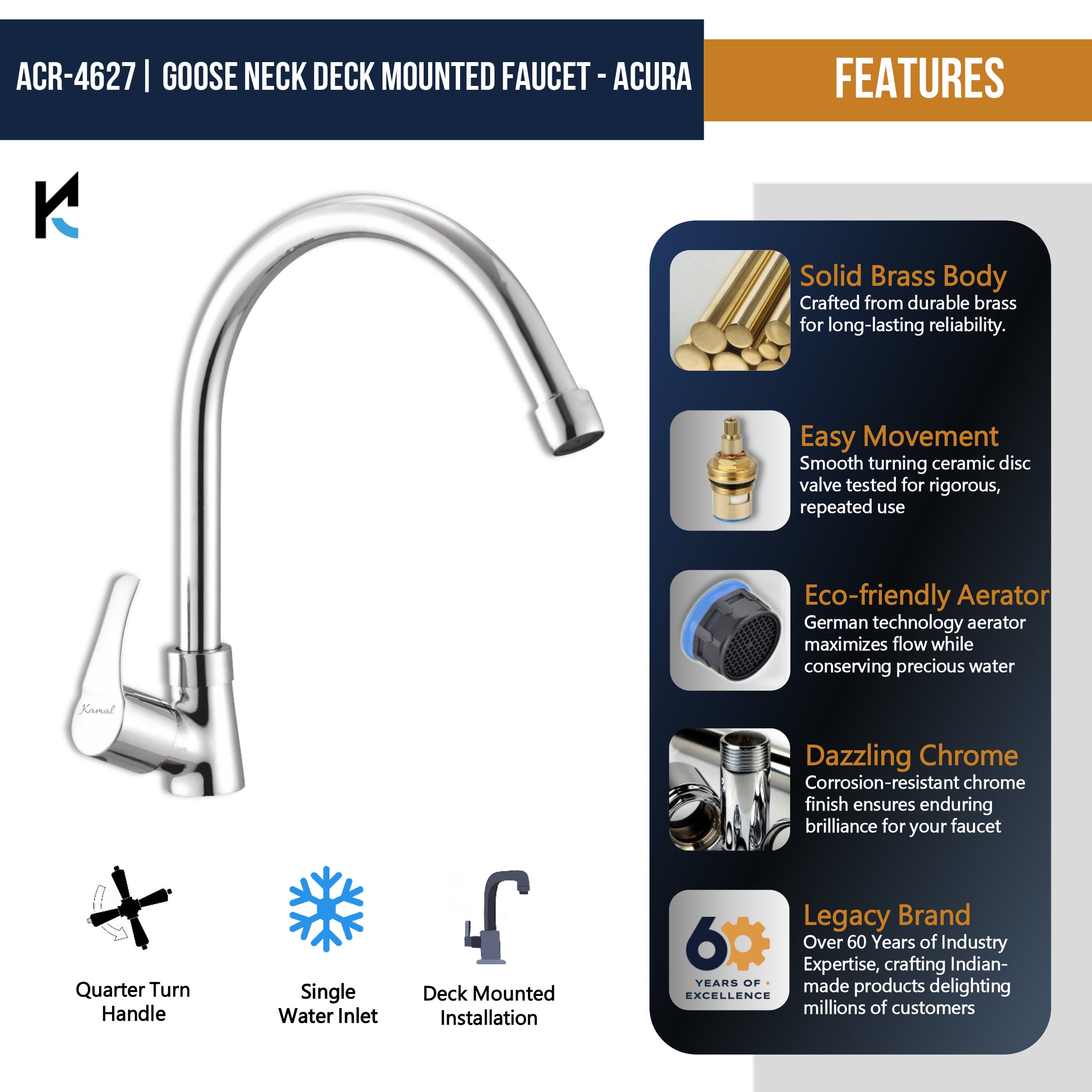 Acura C-Bend Spout Gosseneck Sink Faucet (full brass) - by kamal - Kamal Bathware