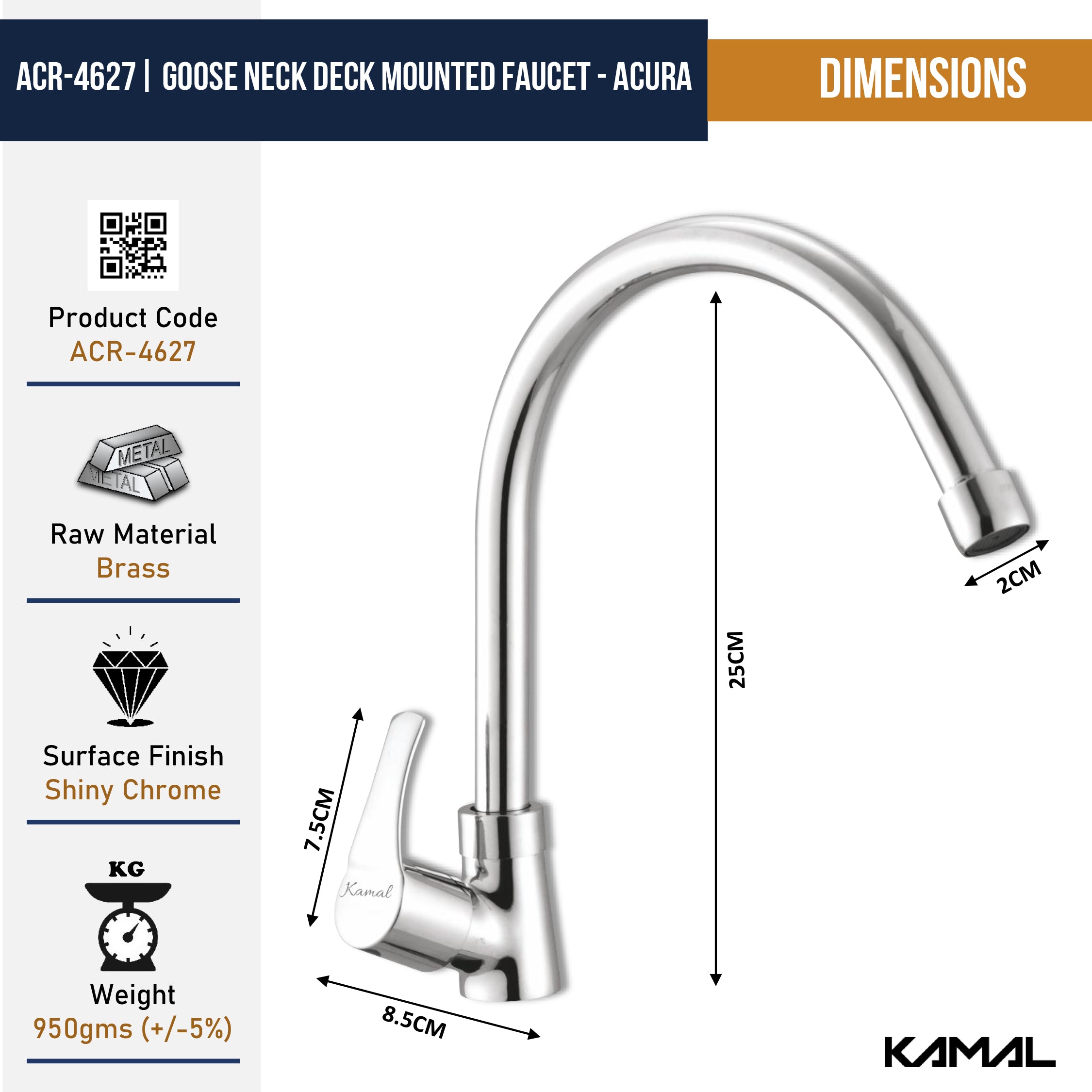 Acura C-Bend Spout Gosseneck Sink Faucet (full brass) - by kamal - Kamal Bathware