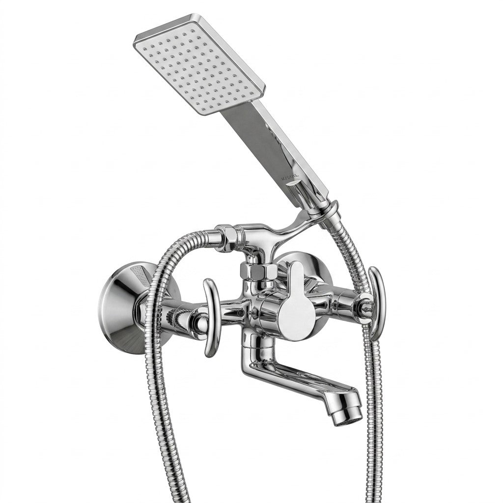 Alto Telephonic Wall Mixer with Crutch & Hand Shower (Full Brass) - by Kamal