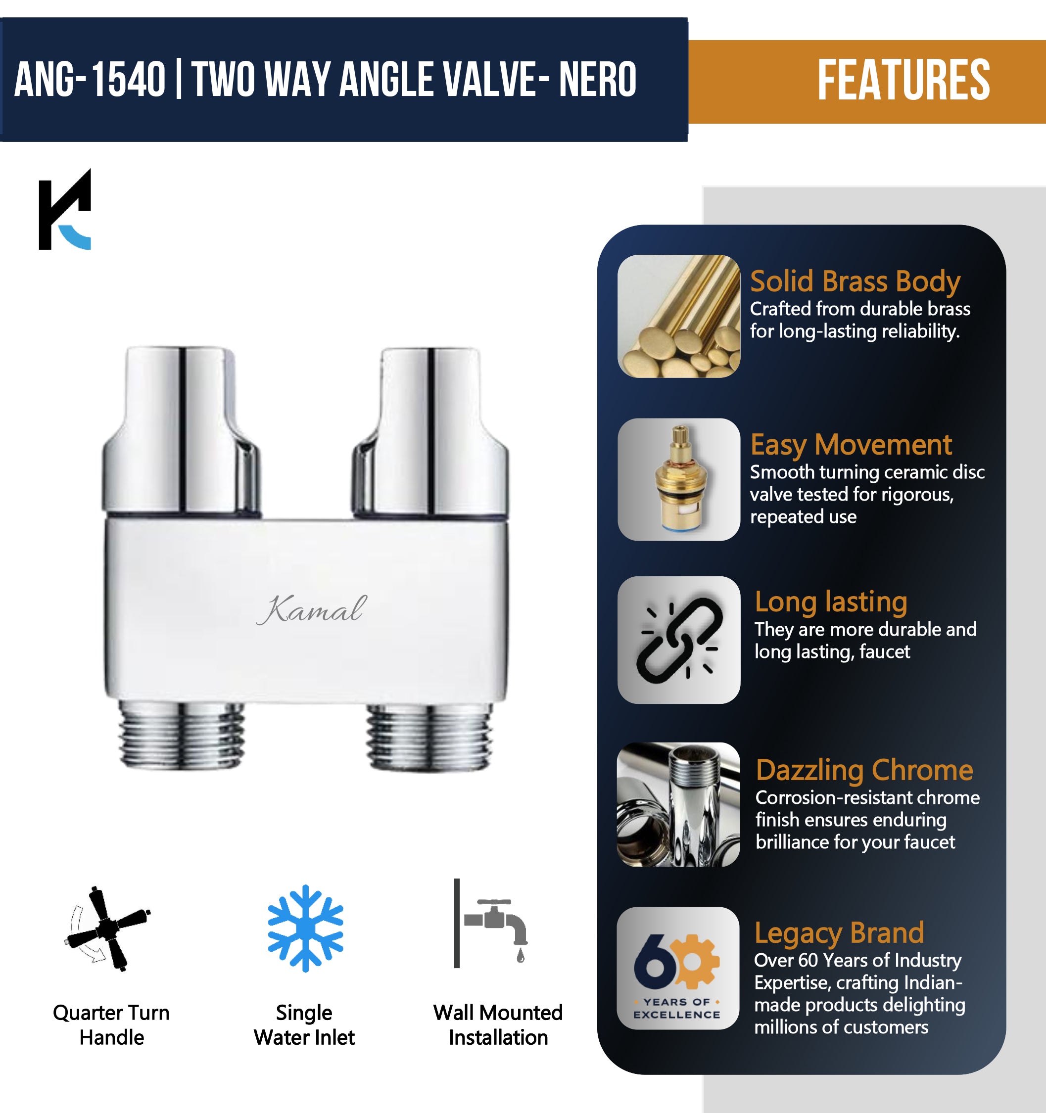 Nero Two Way Angle Valve (Full Brass) - by Kamal