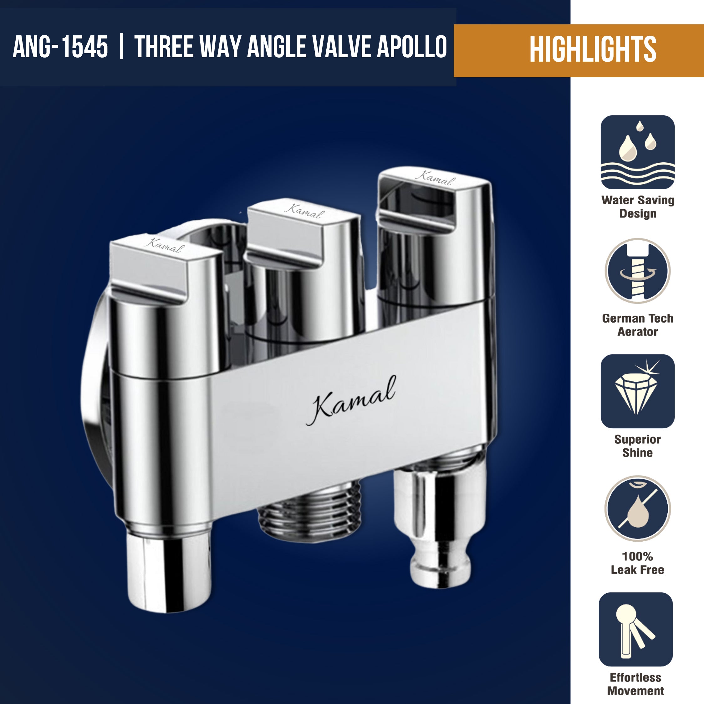 Apollo Three in One Angle Valve with Wall Flange (Full Brass) - by Kamal