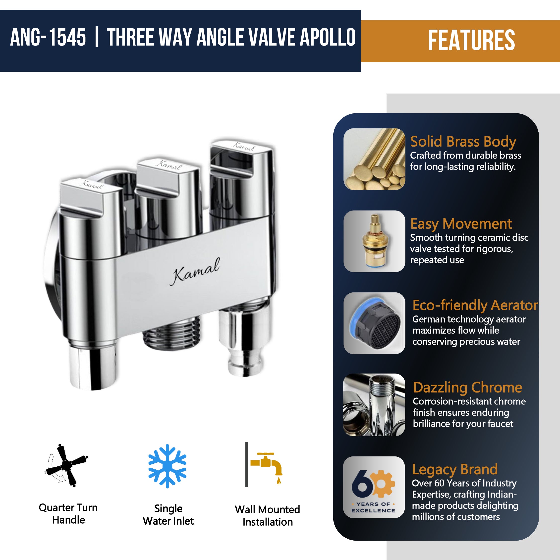 Apollo Three in One Angle Valve with Wall Flange (Full Brass) - by Kamal