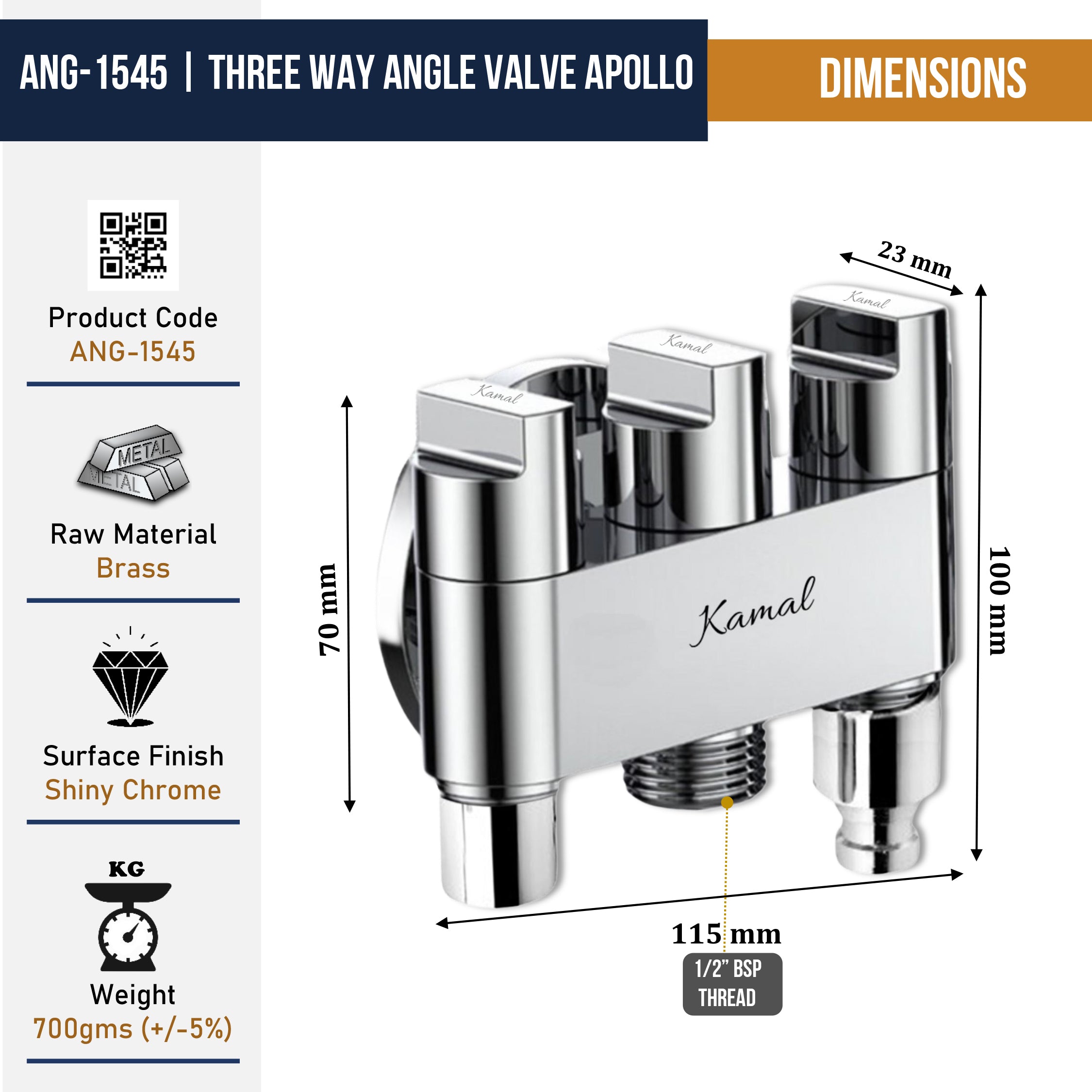 Apollo Three in One Angle Valve with Wall Flange (Full Brass) - by Kamal