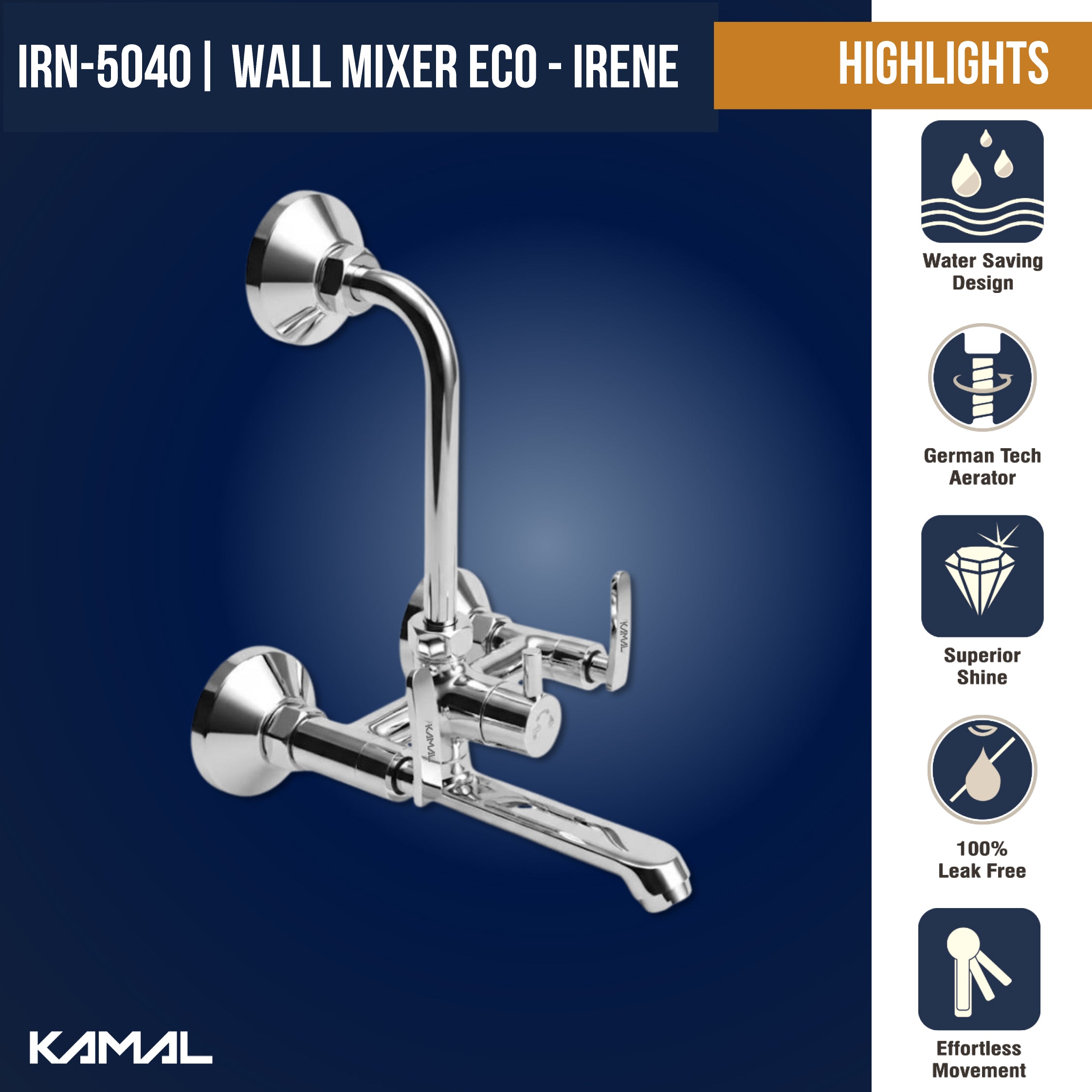Irene Wall Mixer with L Bend Pipe (Full Brass) - by Kamal - Kamal Bathware