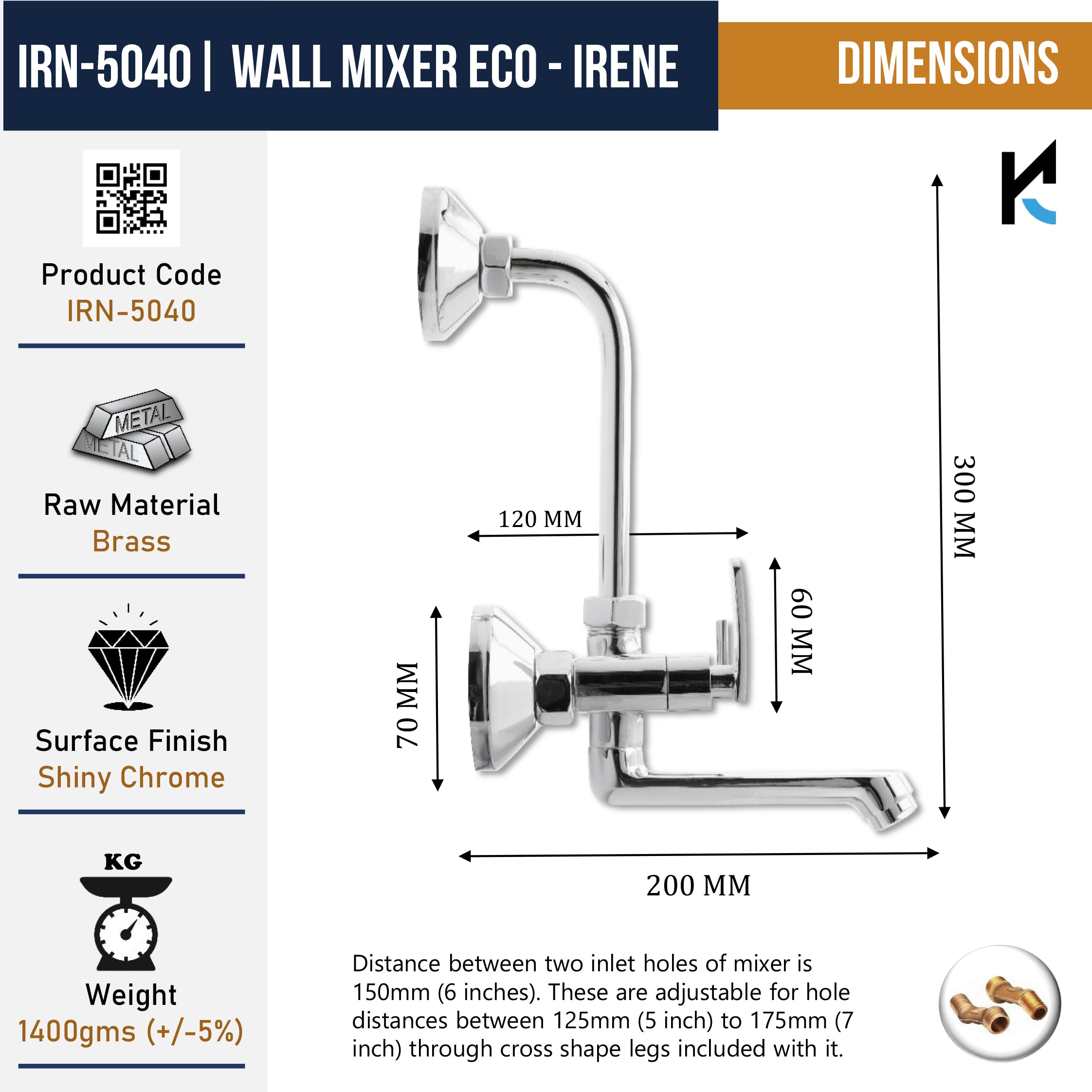 Irene Wall Mixer with L Bend Pipe (Full Brass) - by Kamal - Kamal Bathware
