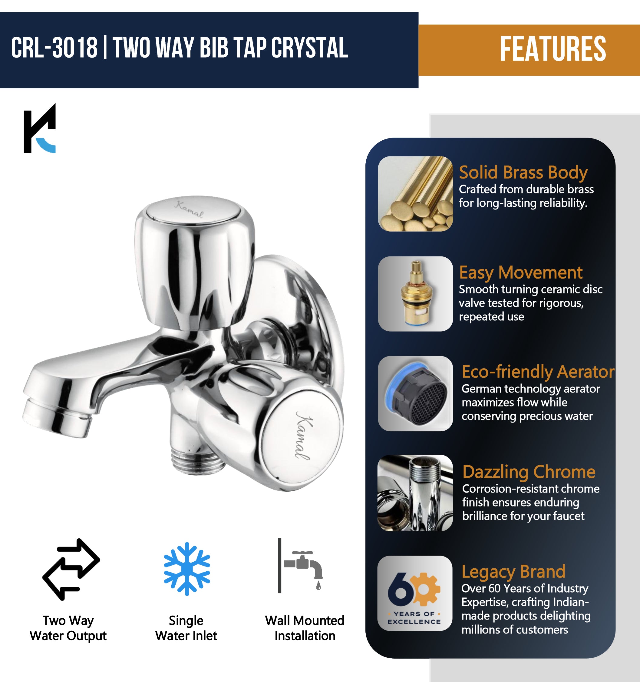 Kamal Crystal Two Way Bib Tap made of full brass with crystal finish, featuring dual outlets for versatile water control.