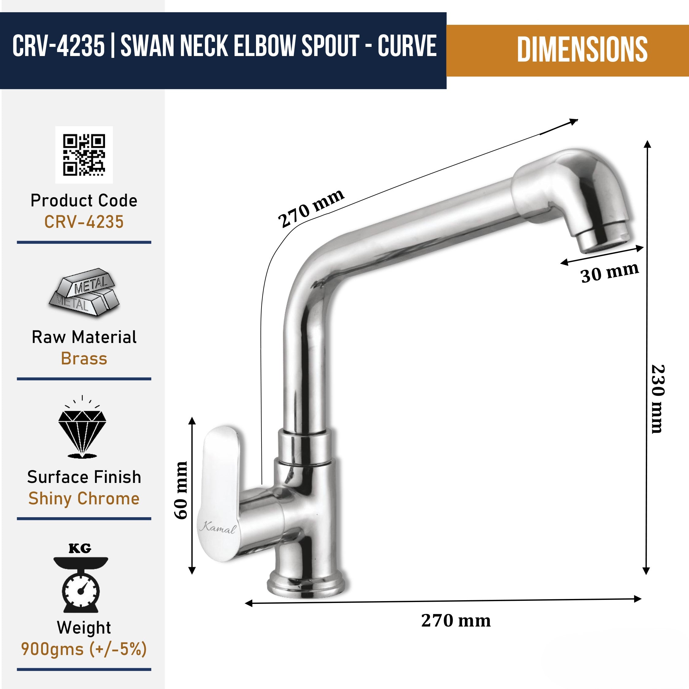 Kamal Curve Swan Neck Elbow Spout made of full brass, showcasing its elegant curved design and polished finish.