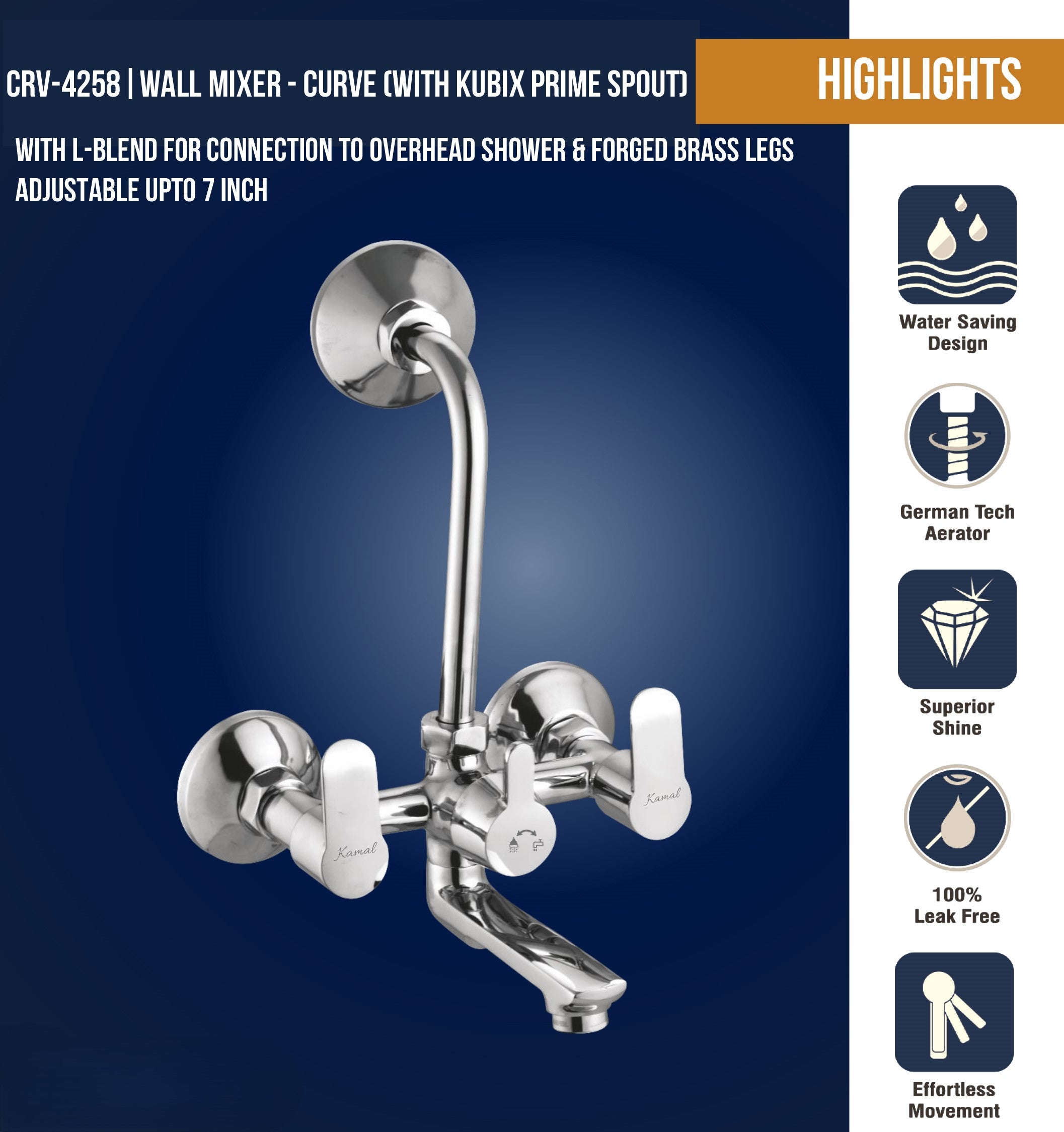 Kamal Curve Wall Mixer with long L Bend pipe and brass spout, model CRV-4258-3, featuring sleek modern design for bathroom installation.
