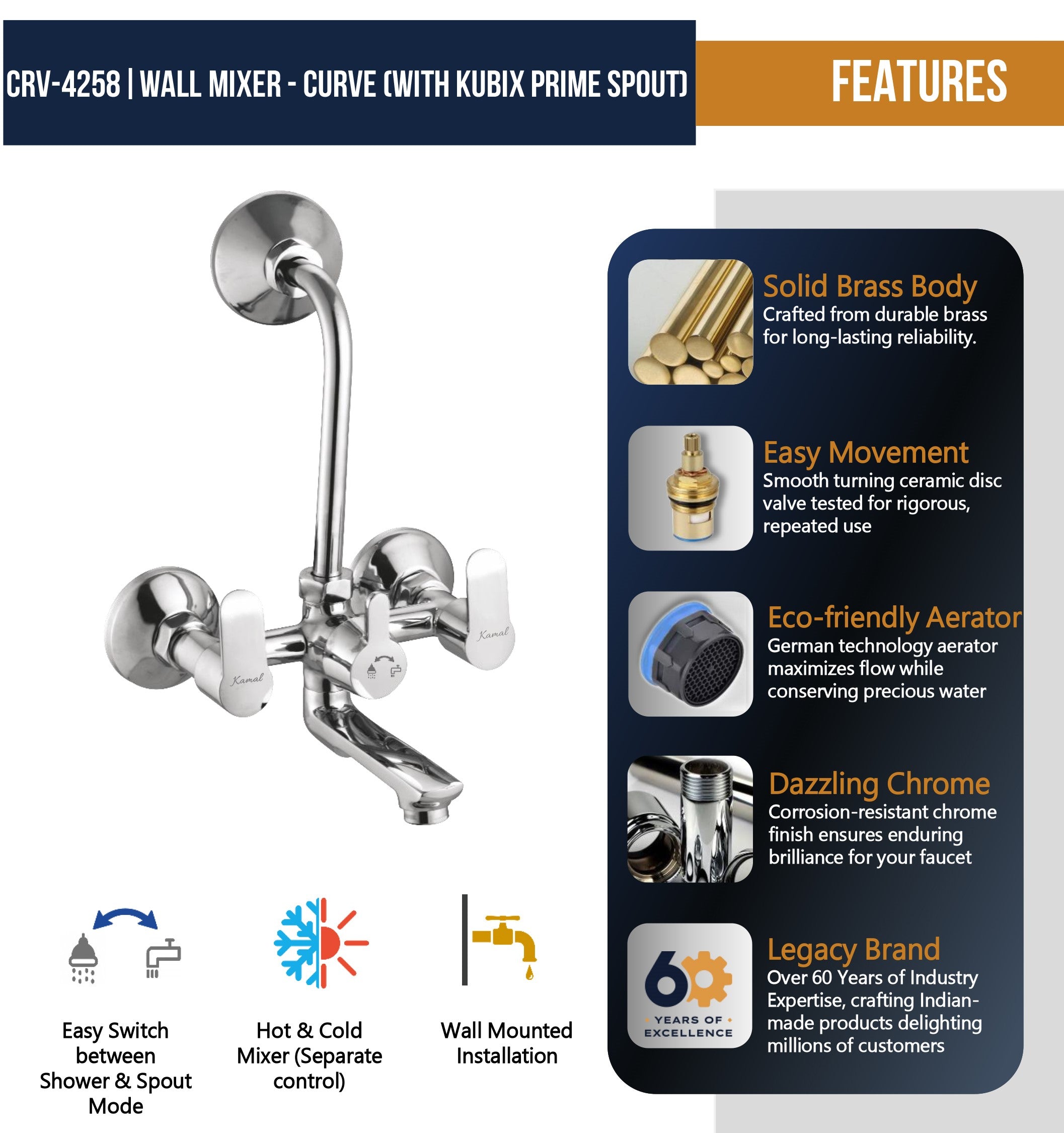 Kamal Curve Wall Mixer Kubix Prime with long L bend pipe, full brass construction, mounted on bathroom wall.