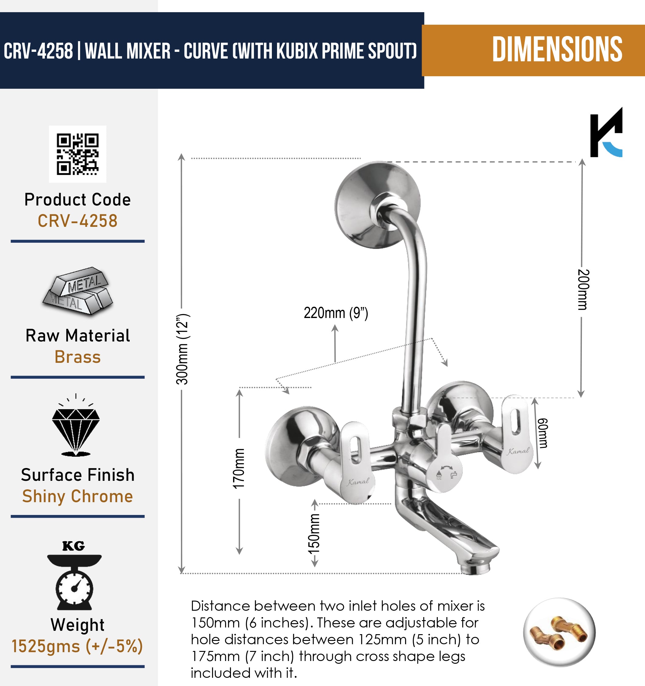Curve Wall Mixer Kubix Prime Spout with Long L Bend Pipe (Full Brass) - by Kamal