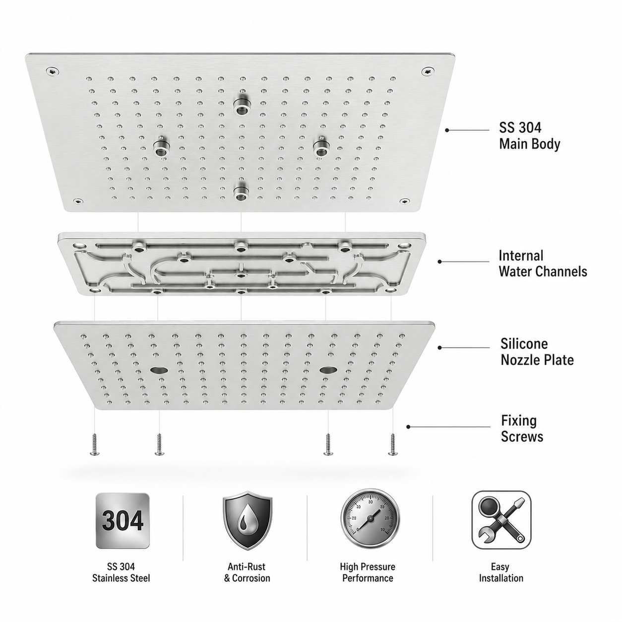 KAMAL 19 × 13 Inch Luxury Ceiling Mounted Shower | SS 304 | Rain + Mist Chrome