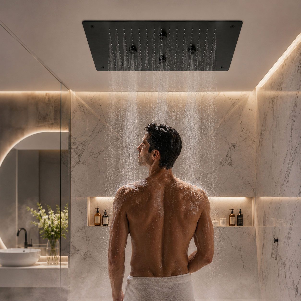 KAMAL 19 × 13 Inch Luxury Ceiling Mounted Shower | SS 304 | Rain + Mist Matte Black